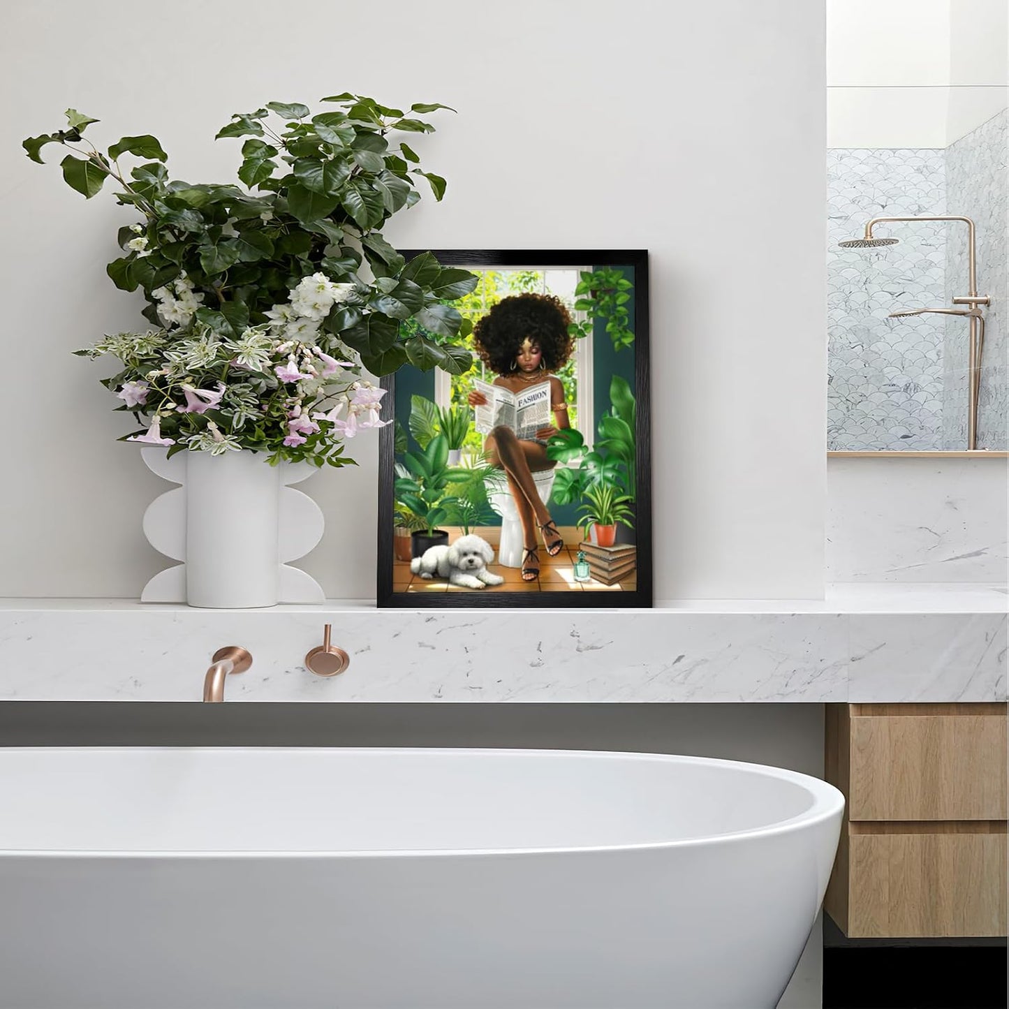 Framed African American Bathroom Decor Wall Art Green Botanical Black Girl Pictures Canvas Wall Decor Fashion Modern Black Woman Artwork For Bathroom Bedroom 12"x16"