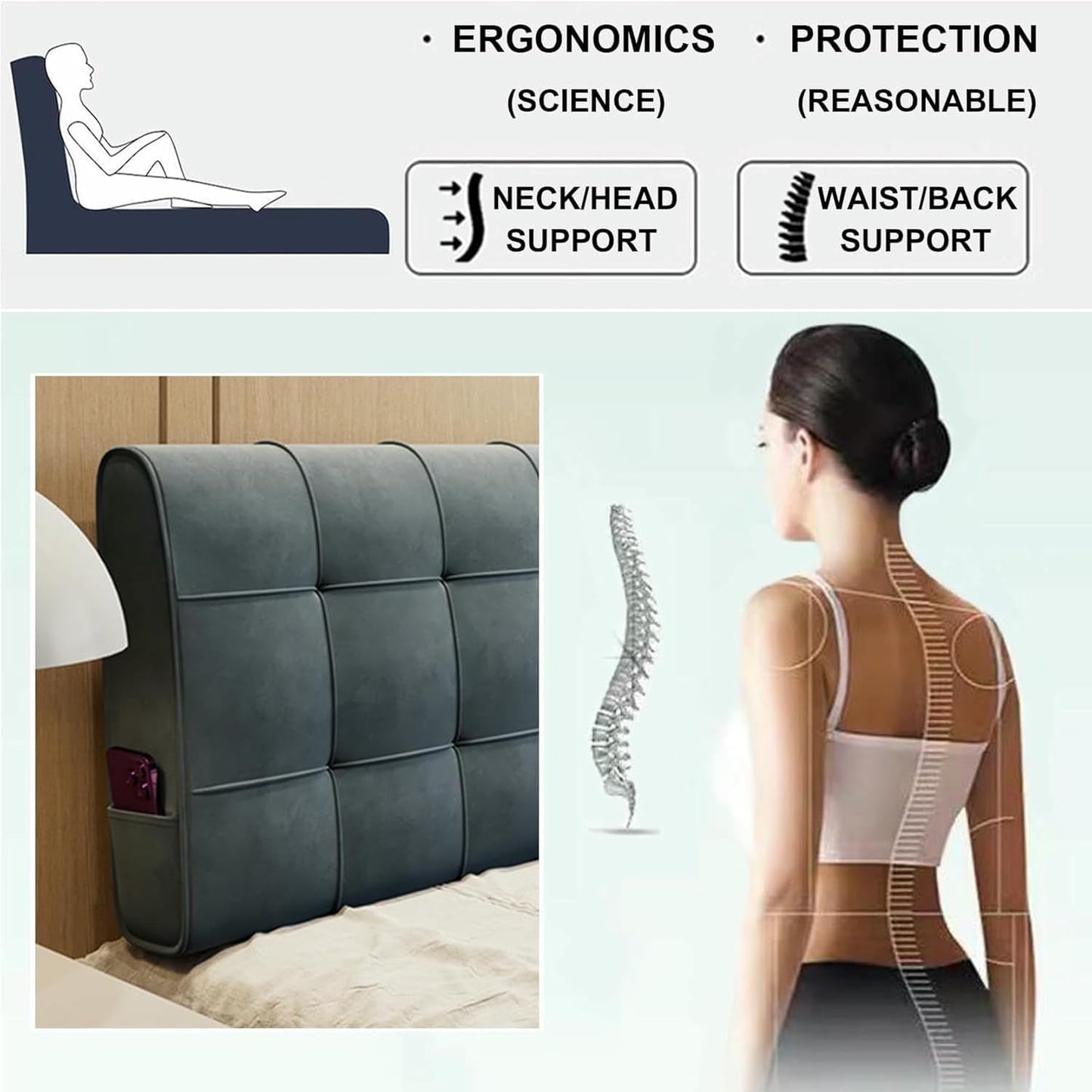 Rectangle Headboard Upholstered Bedside Support Cushion Large Backrest,Fleece Reading Pillow Wall Pillowboard Neck Lumbar Bedroom Daybed Bolster,Beige,Straps 35"/Single