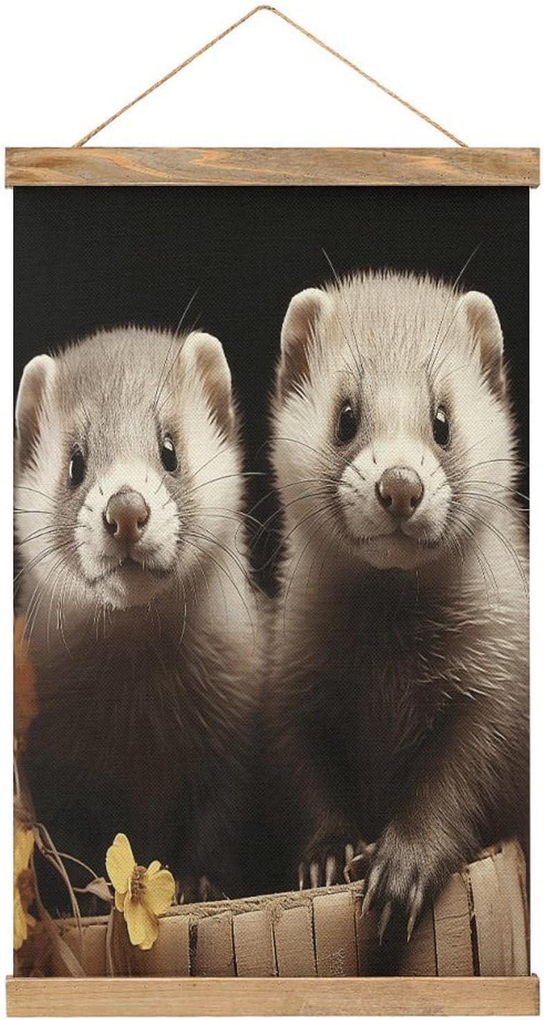Vintage Ferrets Poster with Wooden Frame Personalized Linen Hanging Scroll Painting Rustic Wall Hanging Illustrative Modern Artwork Decor for Home Living Room Bedroom Office