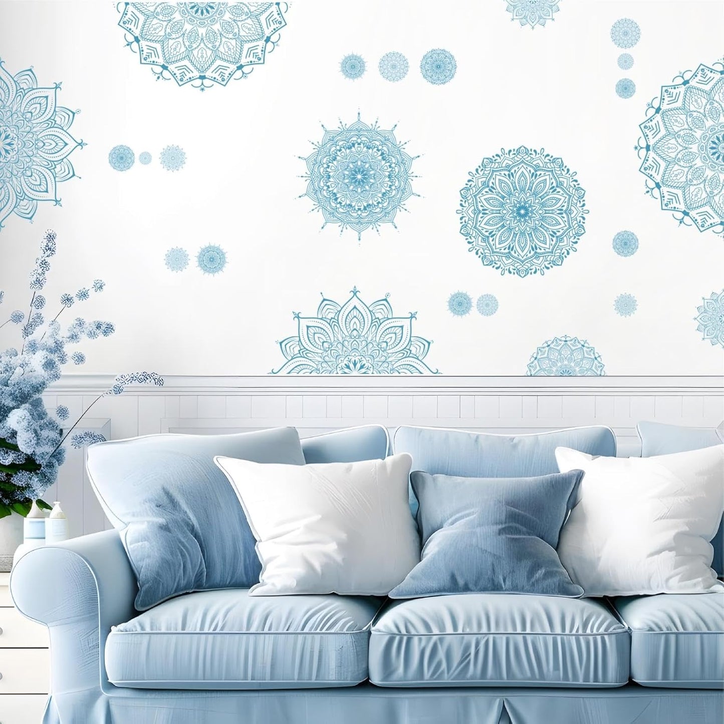 Blue Mandala Wall Stickers Large Mandala Wall Decals Peel and Stick Lotus Flower Stickers Headboard Art Decoration Modern Blue Art Decals for Living Room Bedroom Yoga Decor