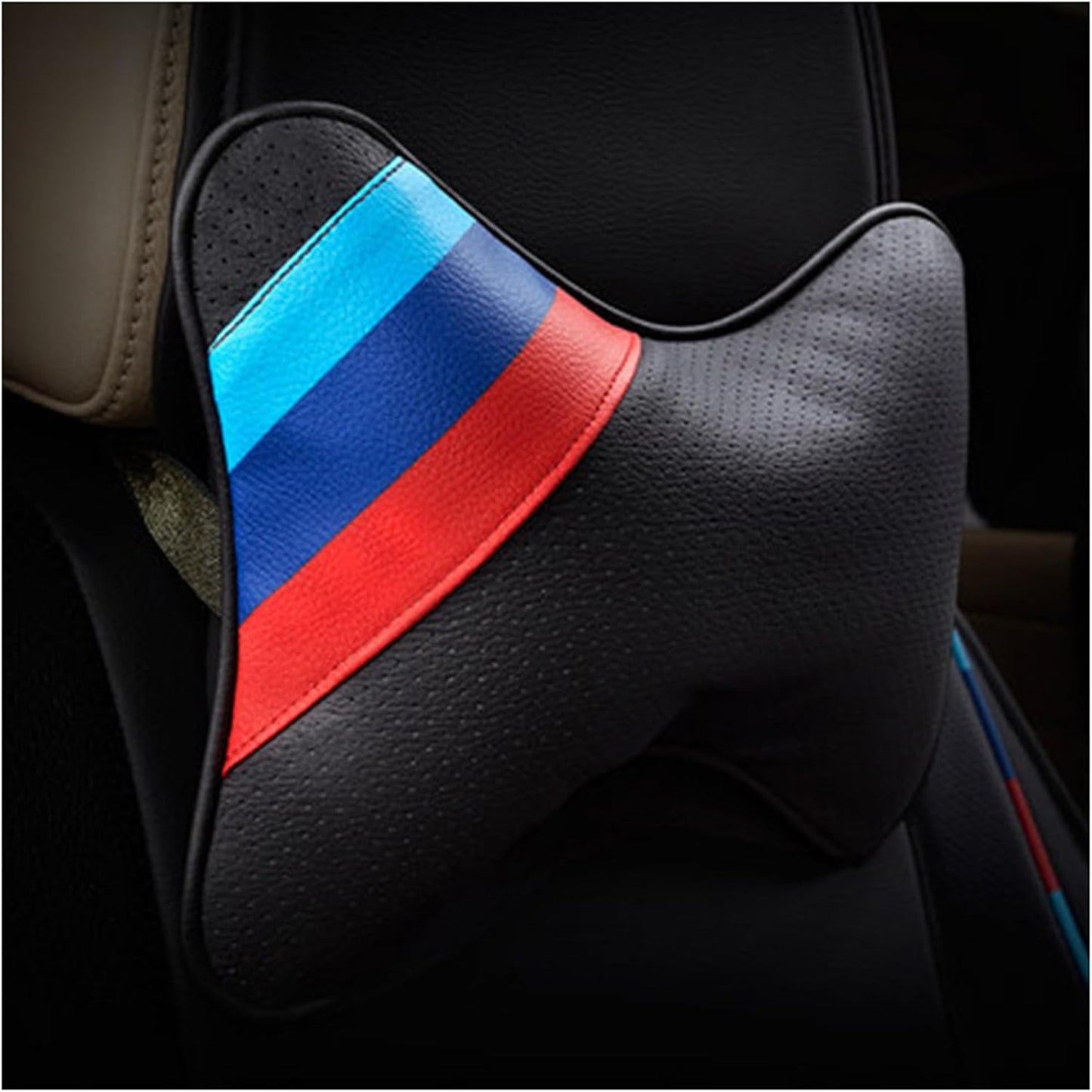 2 Pcs Set BMW M Sport Series Color Stripes - PU Leather Universal Car Head Neck Pillow for Better Neck Support Driving Comfort Pain Relief Travel headrest Pillows