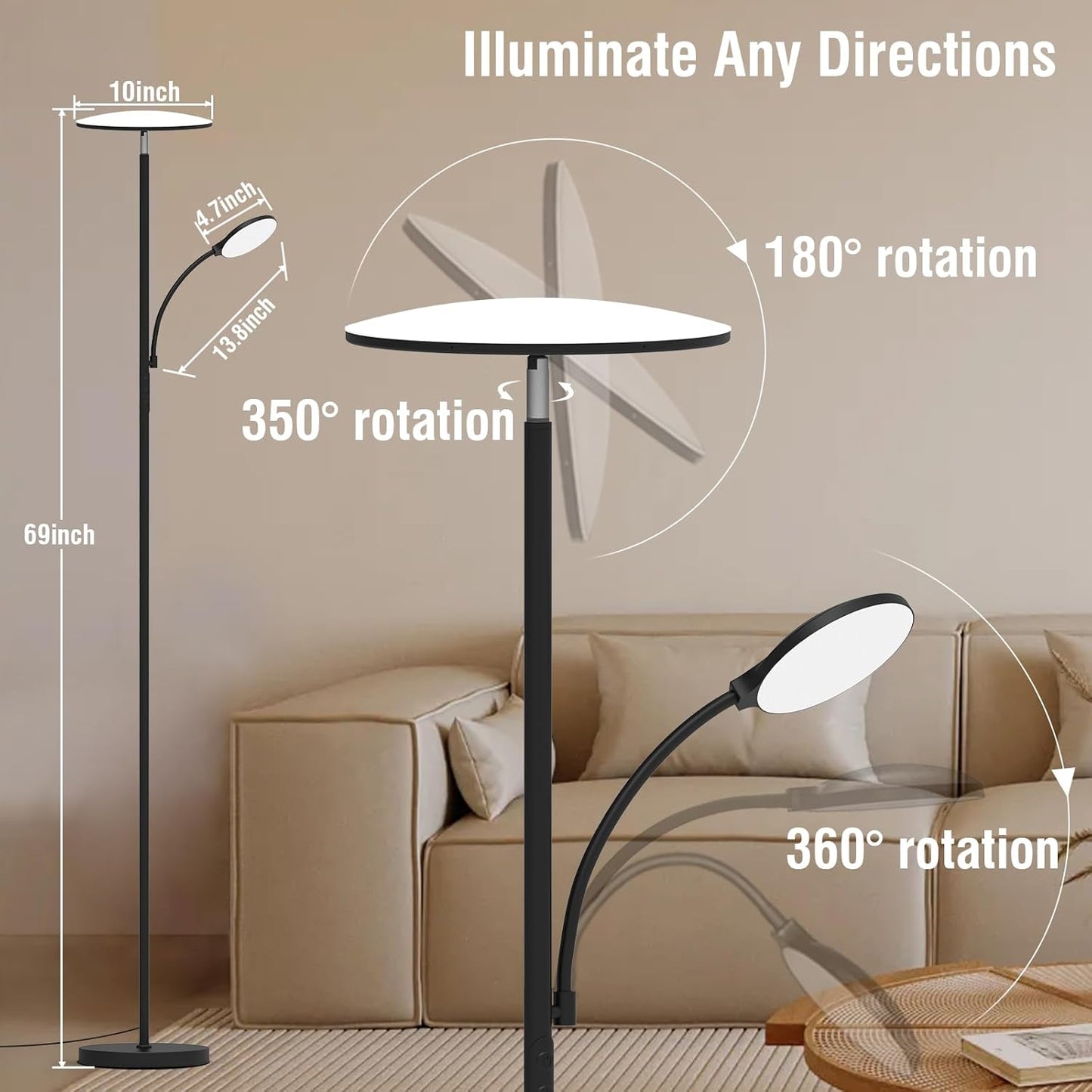 Floor Lamp, 2025 Upgraded 42W 4500LM Super Bright LED Floor Lamp with Rotatable Reading Light, Touch Remote Control & Memory Function, Stepless Dimmable Standing Lamp for Living Room Bedroom, Black
