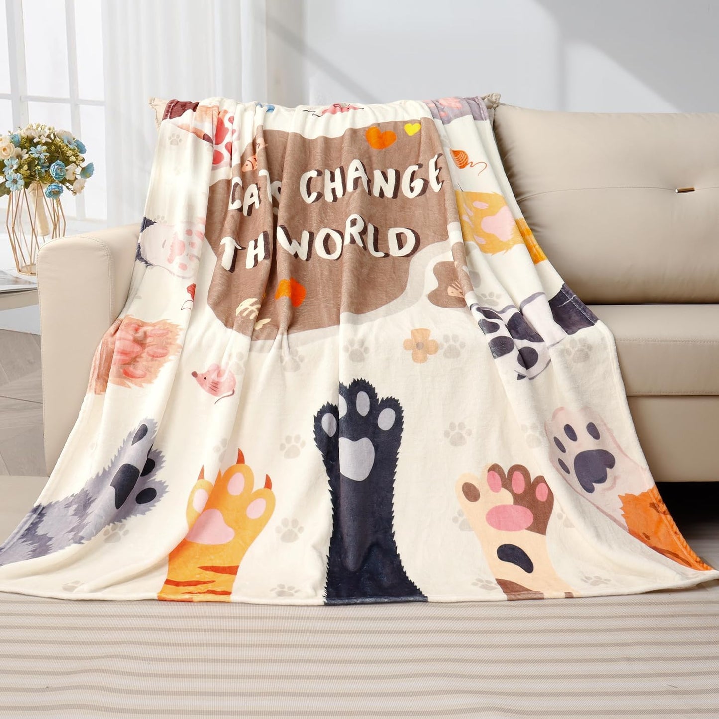 Cat Throw Blanket Gift for Cat Lover Women Children Colorful Flannel Fleece Throw Blanket Cute Cats Paw Print Cozy Fuzzy Plush Throw Blankets for Bed Chair Couch 50" X 60"