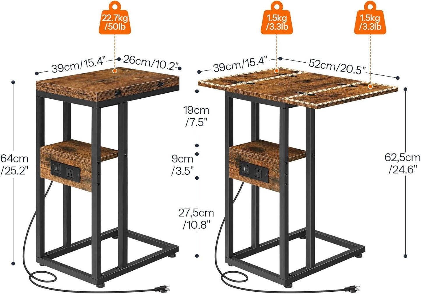 HOOBRO Foldable End Table, C Shaped Side Table with Charging Station, Sofa Couch Table That Slide Under for Living Room Bedroom Small Spaces, Easy Assembly, Rustic Brown and Black BF29USF01