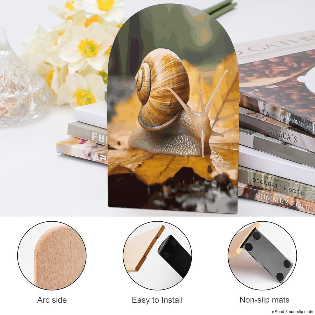Snail in Leaves Wooden Bookend Non-Slip Book Ends Heavy Duty Book Stopper with Metal Base Books Holderd Decorative Bookends Stands Firmly for Office Supplies
