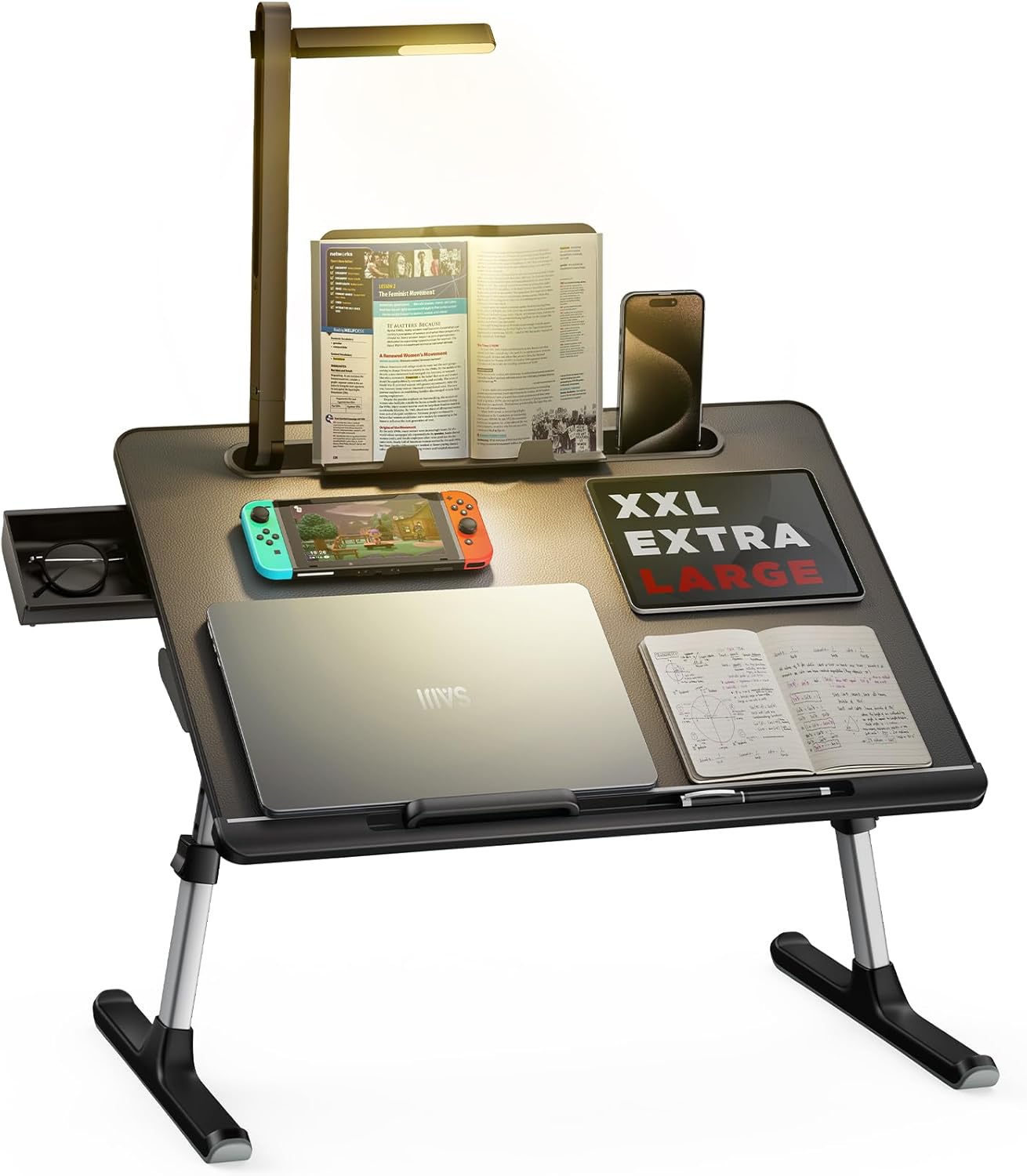 Laptop Bed Tray Desk with LED Desk Light, SAIJI Adjustable Laptop Stand for Bed, XX-Large PVC Leather Foldable Table with Book Stand,Wrist Rest, Extra Leg Room(Black)