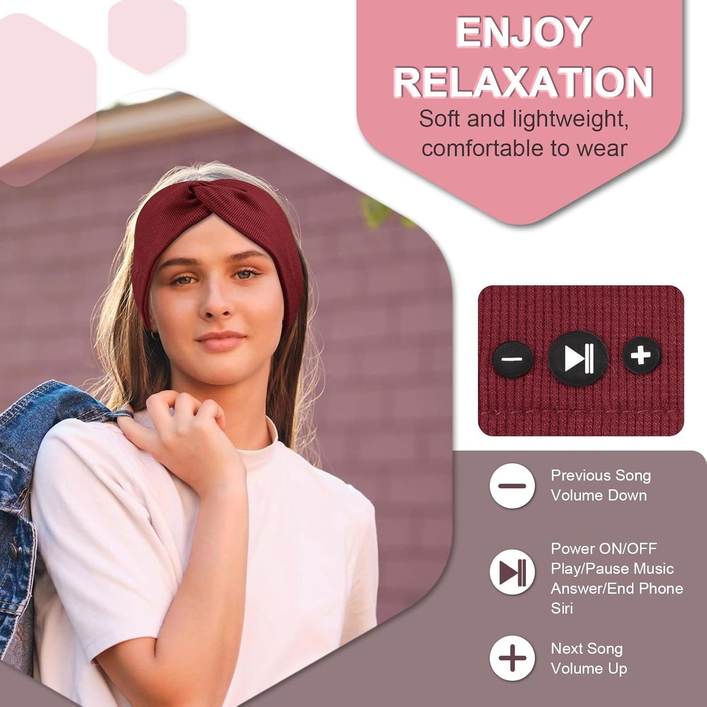2-Pack Headband Headphones with Thin HD Speakers, Bluetooth Headband for Women, Stylish Knotted Design, Wireless Bluetooth Headphones for Workout, Daily Life, Yoga, Travel, Meditation - Red&Black