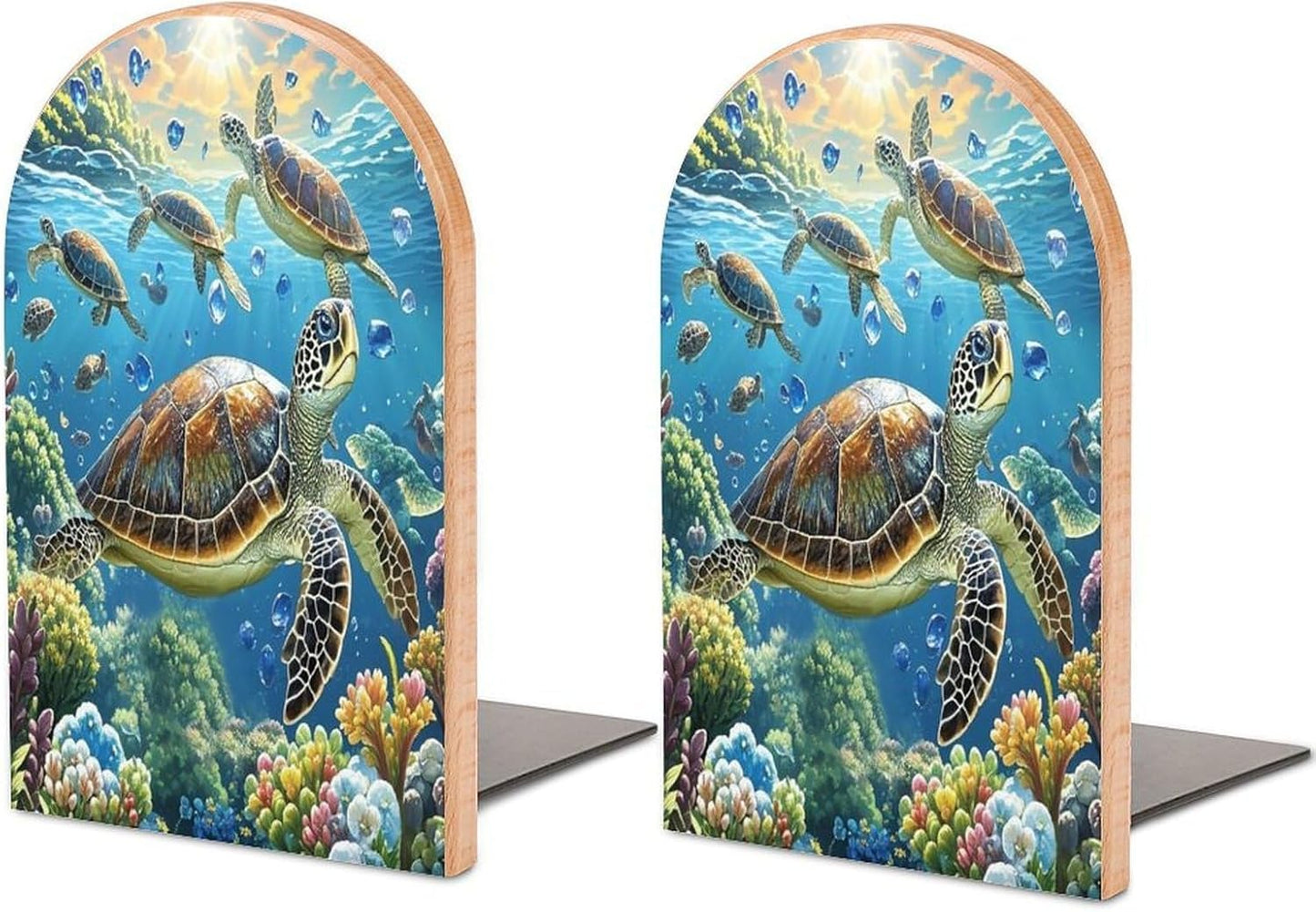 Sea Turtles Diamond Painting Bookends 1 Pair Heavy Duty Book Ends for Shelves Non-Skid Bookend Supports Wooden Book Holders with Metal Base Desk Organizers Books Storage to Hold Books