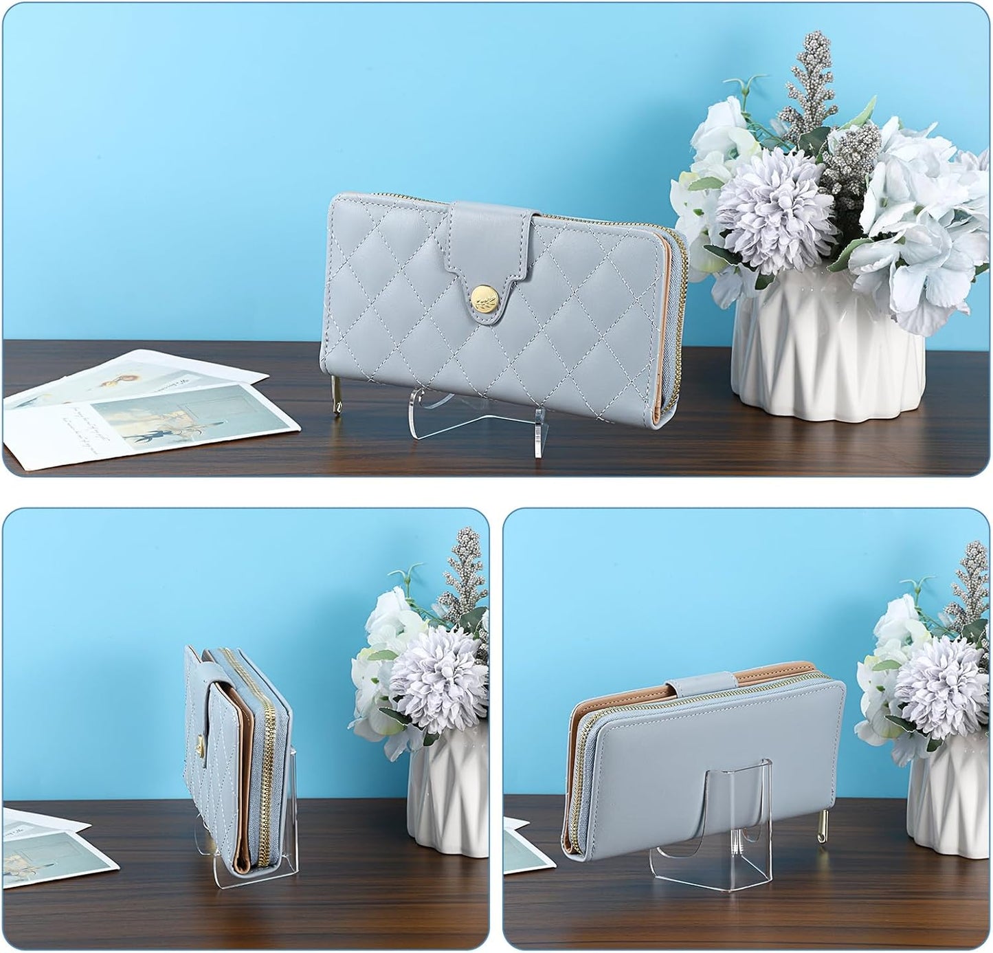 JUXYES 3 Pack Acrylic Wallet Display Holder Stands, Portable Easels Display Stand Clear Plate Display Rack for Boutique, Retail Countertop Acrylic Display Stand for Hand Purse, Wallet, Photos, Book