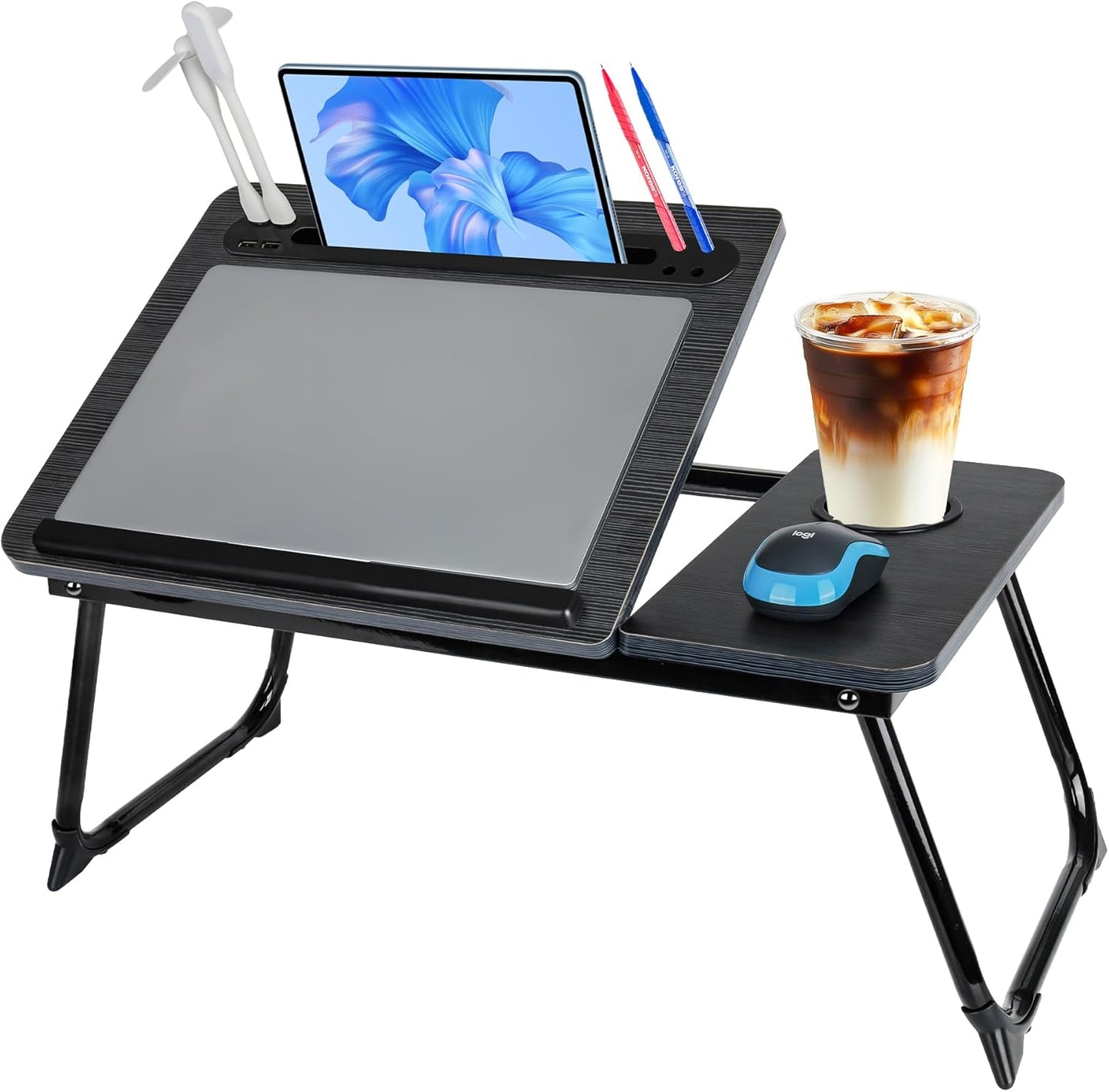 Laptop Bed Desk, Adjustable Lap Desk, Small Laptop Table with USB Charge Port, Desktop Card &Pen Slot, Cup Holder, Foldable Bed Tray Table for Couch Sofa Chair Floor Eating Working