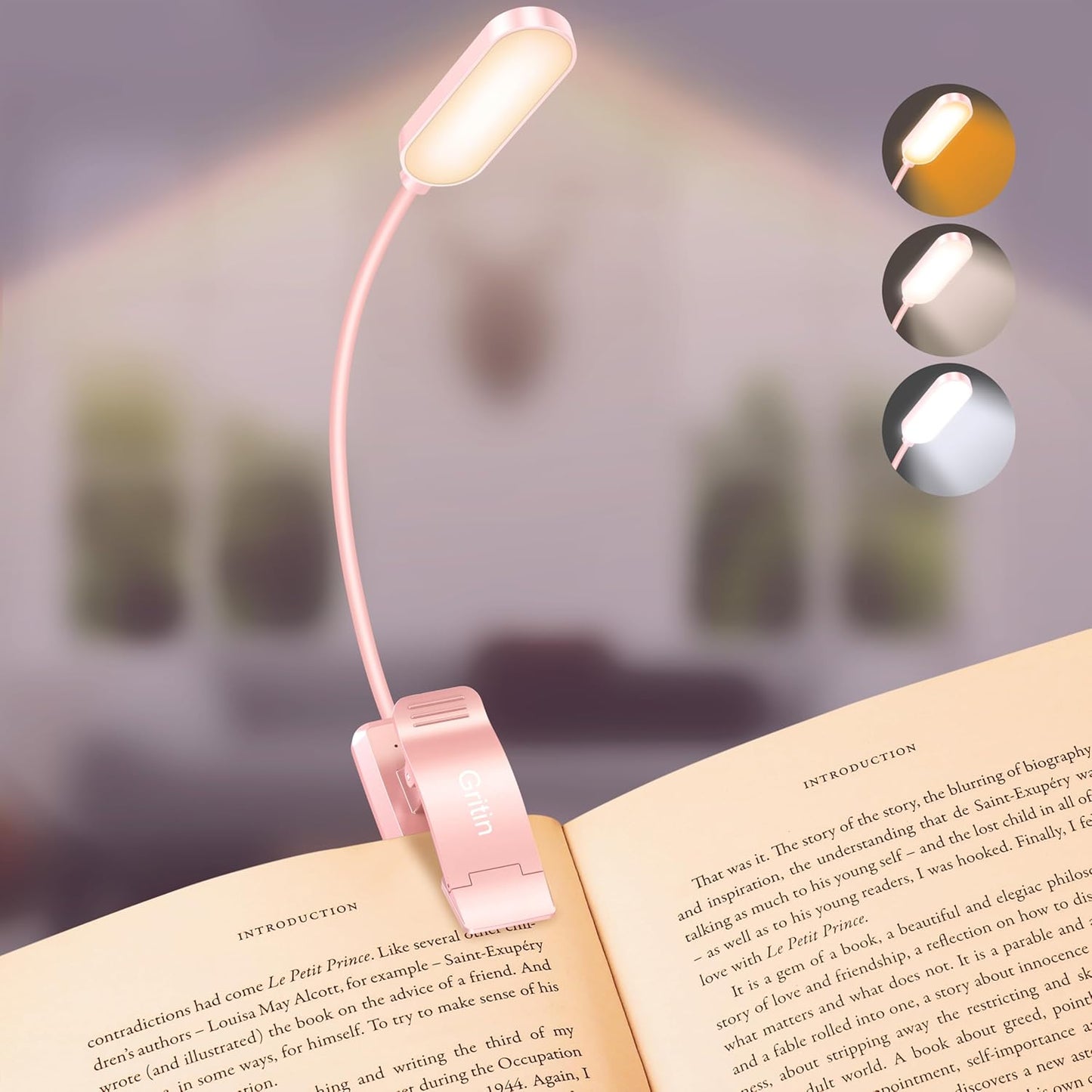 Gritin 16 LED Rechargeable Book Light for Reading in Bed- Eye Caring 3 Color Temperatures, Stepless Dimming Brightness, 80 Hrs Runtime, Lightweight Flexible Clip on Light for Book Lovers-Pink