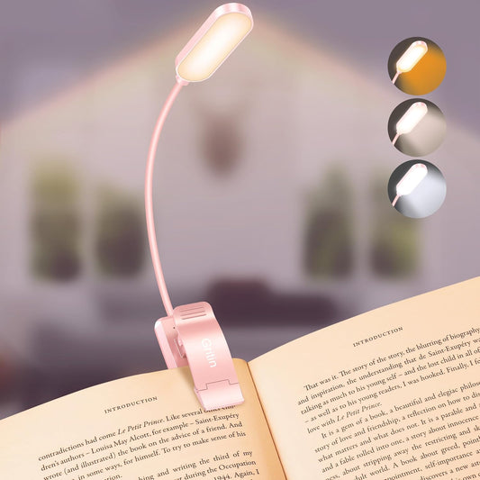 Gritin 16 LED Rechargeable Book Light for Reading in Bed- Eye Caring 3 Color Temperatures, Stepless Dimming Brightness, 80 Hrs Runtime, Lightweight Flexible Clip on Light for Book Lovers-Pink