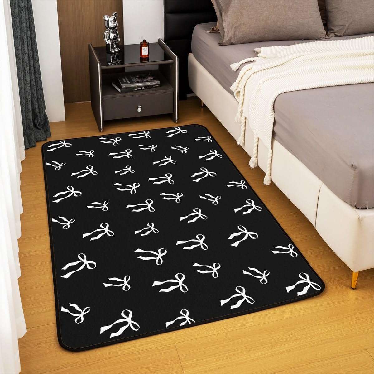 Erosebridal Bowknot Ribbon Carpet White Bows Area Rug 6'6" x 4'11" Black Princess Indoor Floor Mat Modern Simple Bow-Tie Decorative Rug for Kids Boys Girls