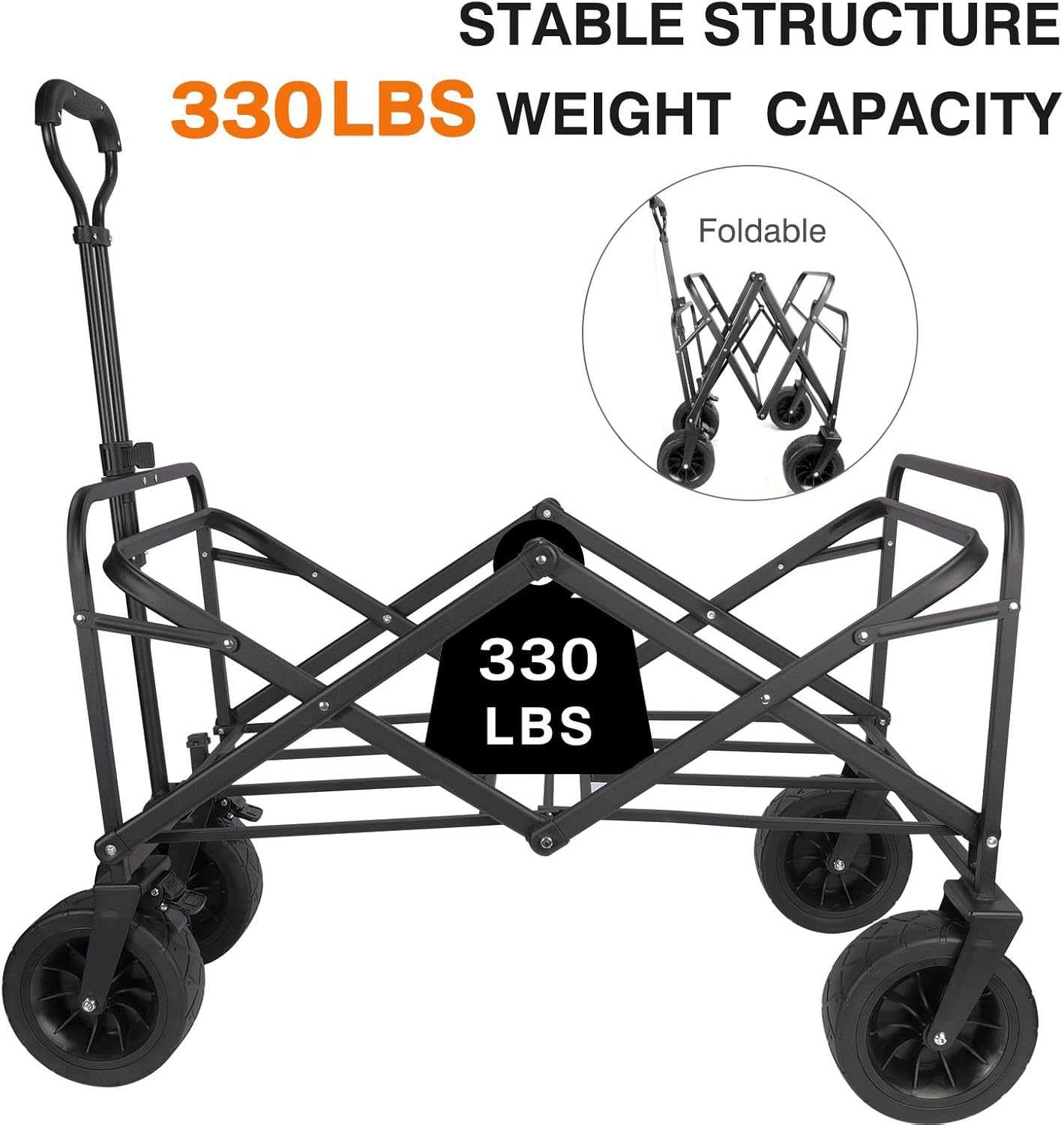 cjc 330LBS Collapsible Folding Wagon Cart,150L Capacity Outdoor Utility Wagons Carts Foldable with All Terrain Wide Wheels & Brakes, 600D Oxford Heavy-Duty Wagon for Camping Beach Garden(Brown)