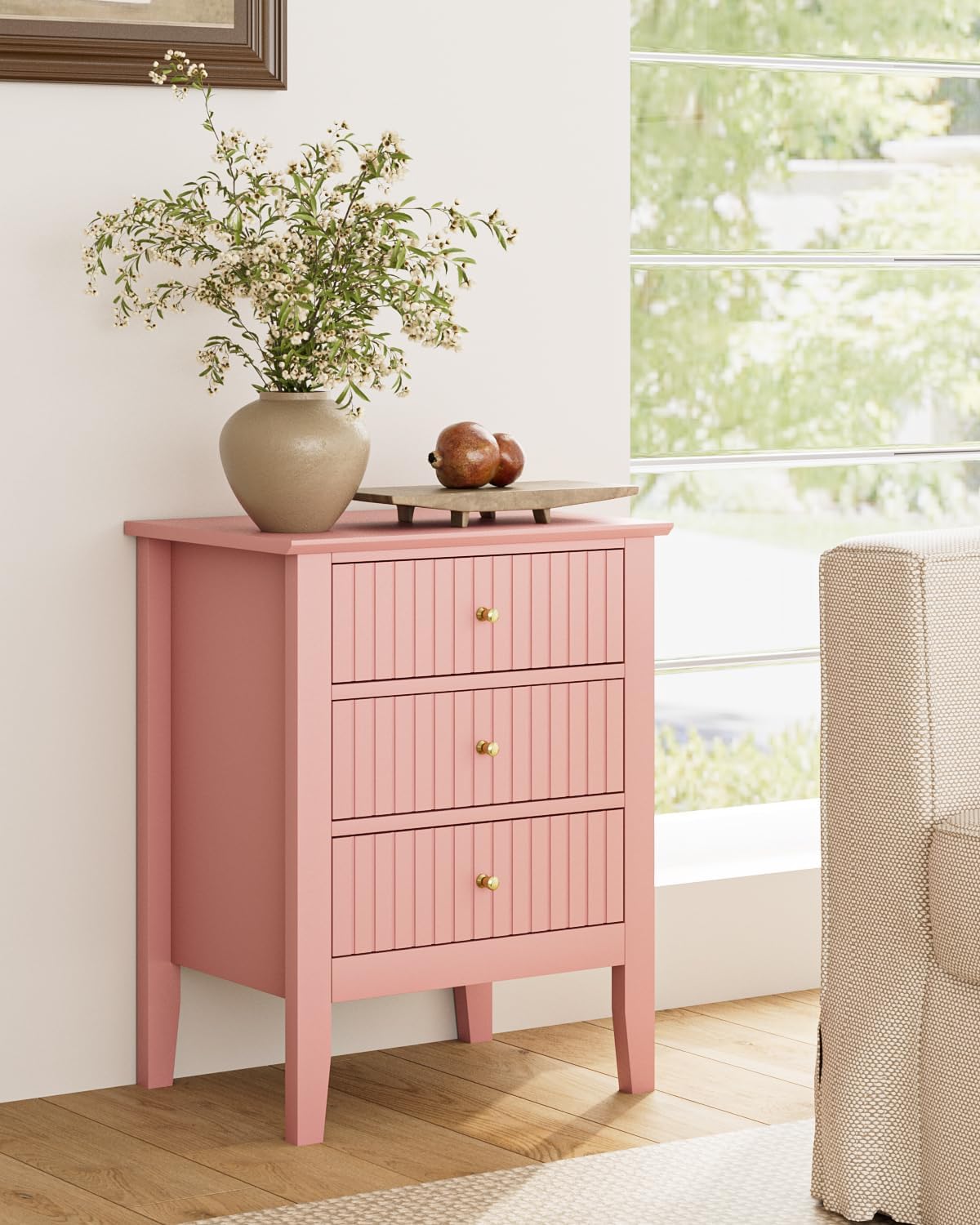 Fluted Nightstand, Farmhouse Night Stand with 3 Drawers, Mid Century Modern Side Accent Table,Bedside End Table for Bedroom, Living Room, Pink
