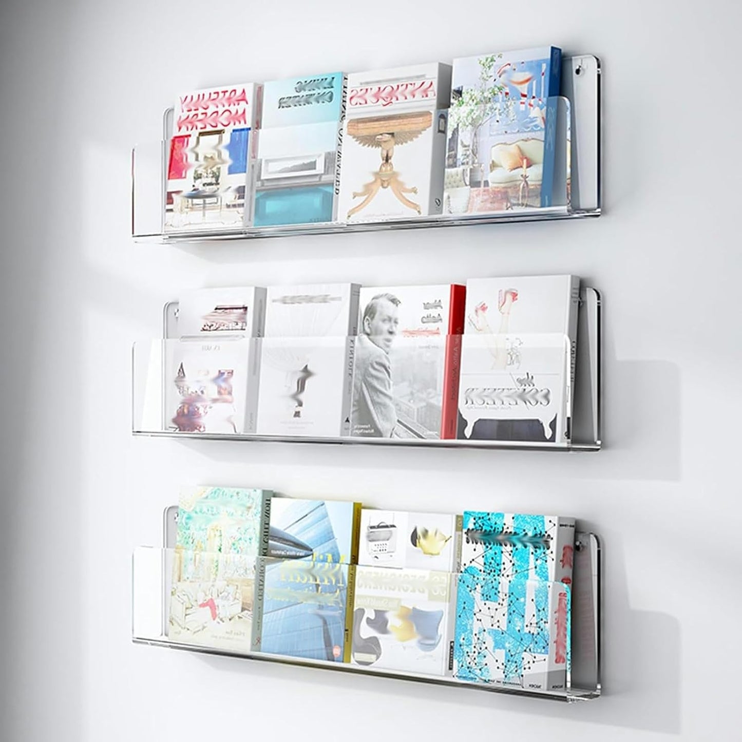 3 pcs Acrylic Magazine File Holder 40 60 80 100 120 cm, Living Room Hanging Book Rack Literature Display for Reading Room, Brochure Stand Storage Vinyl Record Organizer, Clear