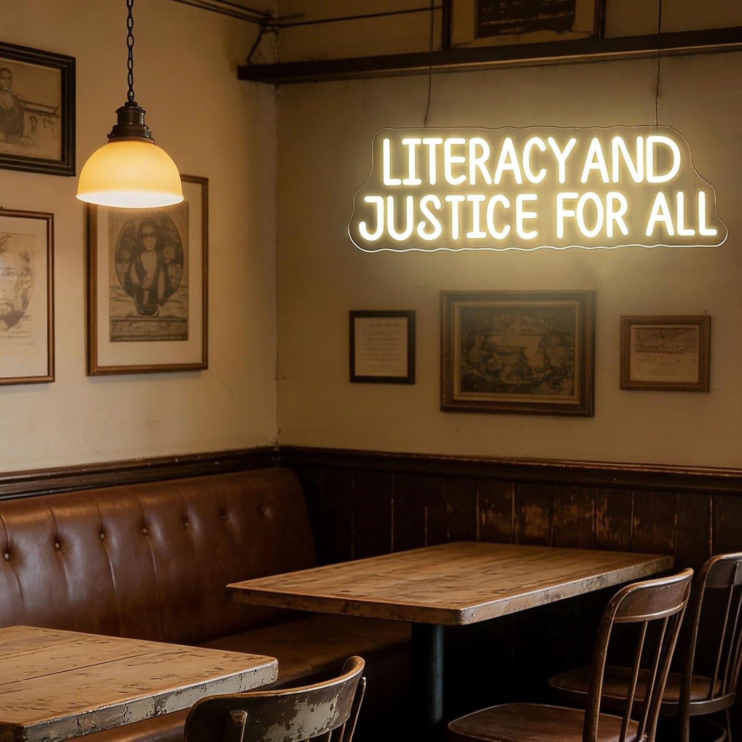 Literacy and Justice For All Neon Sign -25 inch - Book Wall Sign Decor, Reading Wall Hanging LED Light, Bookshelf Wall, Library Neon, Bookish, Book Lover, Inspirational Student Decor Gift-Warm White