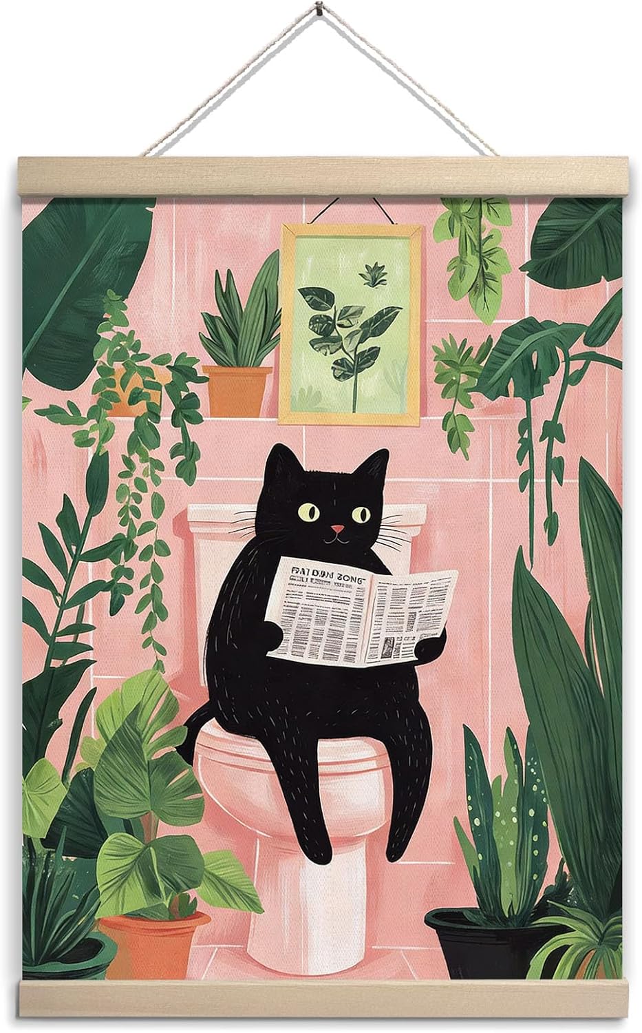 GOVGRTB Funny Black Cat Bathroom Canvas Wall Art Cat Reading Newspaper On Toilet Pink Green Plant Artwork,Vintage Wall Art for Bathroom Bedroom Living Room,Cat and Plant Lovers Wall Decor 12x16 Inch