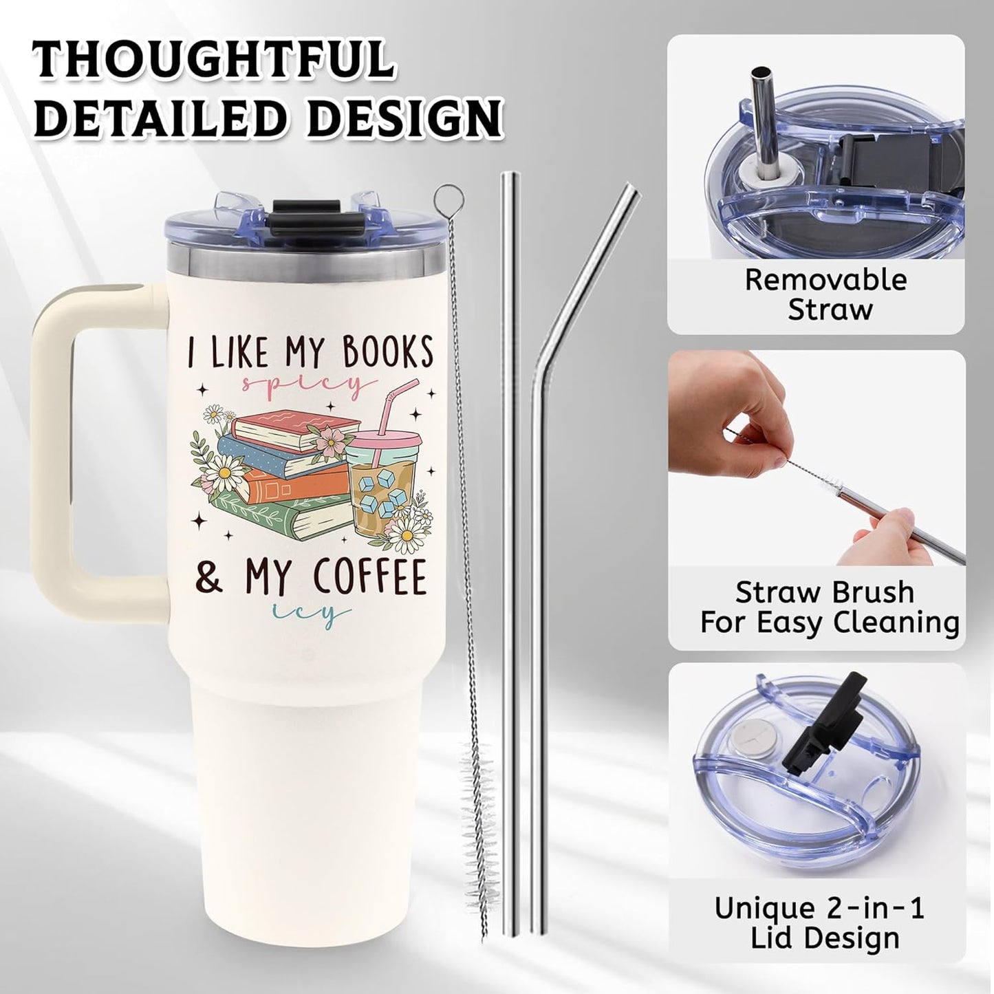 Book Lovers Gifts 40oz Tumbler with Handle and Straw, Books Tumbler for Friend, Bookish Gifts for Women Readers, Reading Accessories Stainless Steel Travel Mug 1 Pcs