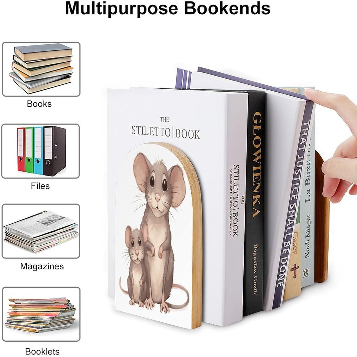 Non-Slip Bookend for Shelves Mother and Child Rats Wooden Bookends with Metal Base Decorative Book Stopper for Home Heavy Duty Wood Book Storage for Books/CDs