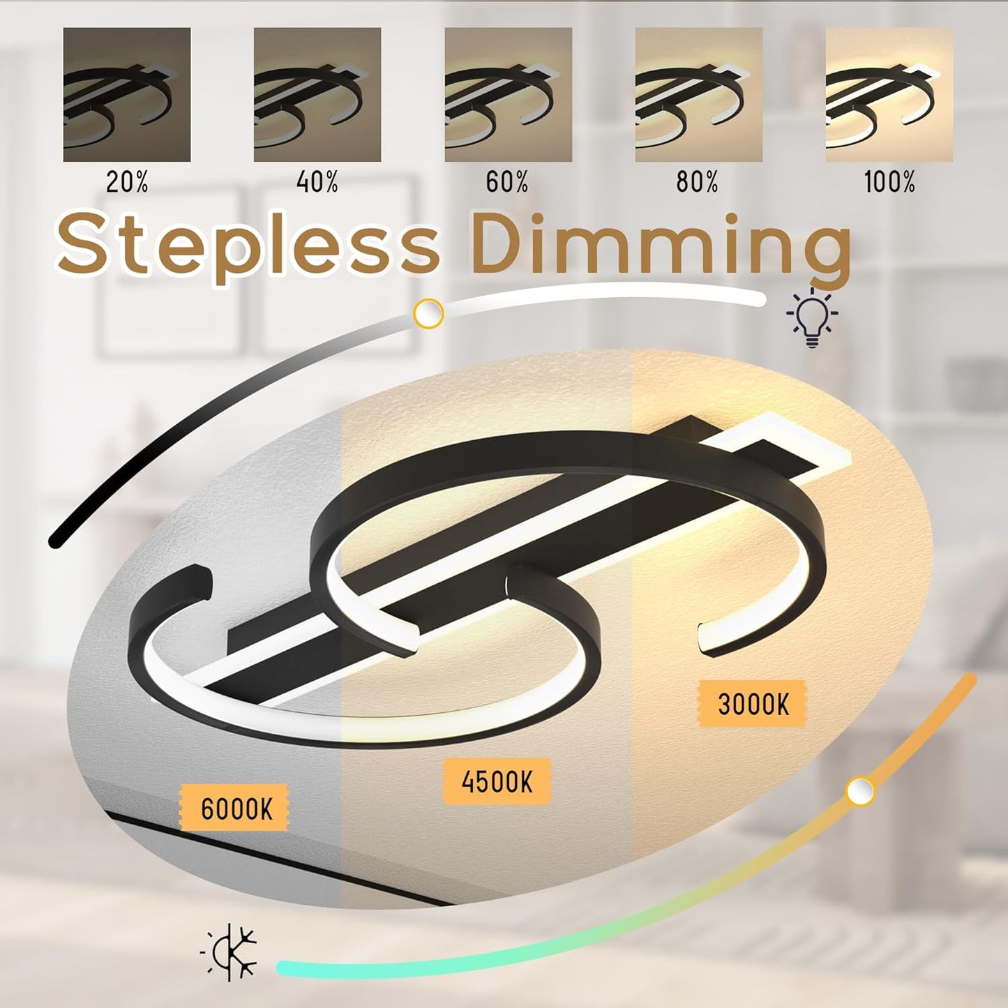 23.6" LED Ceiling Light, 2-Ring Modern Flush Mount Light, 55W Matte Black, Dimmable 3000–6000K, with Remote and Voice Control, Ceiling Light Fixture for Bedroom, Living Room, Dining Room