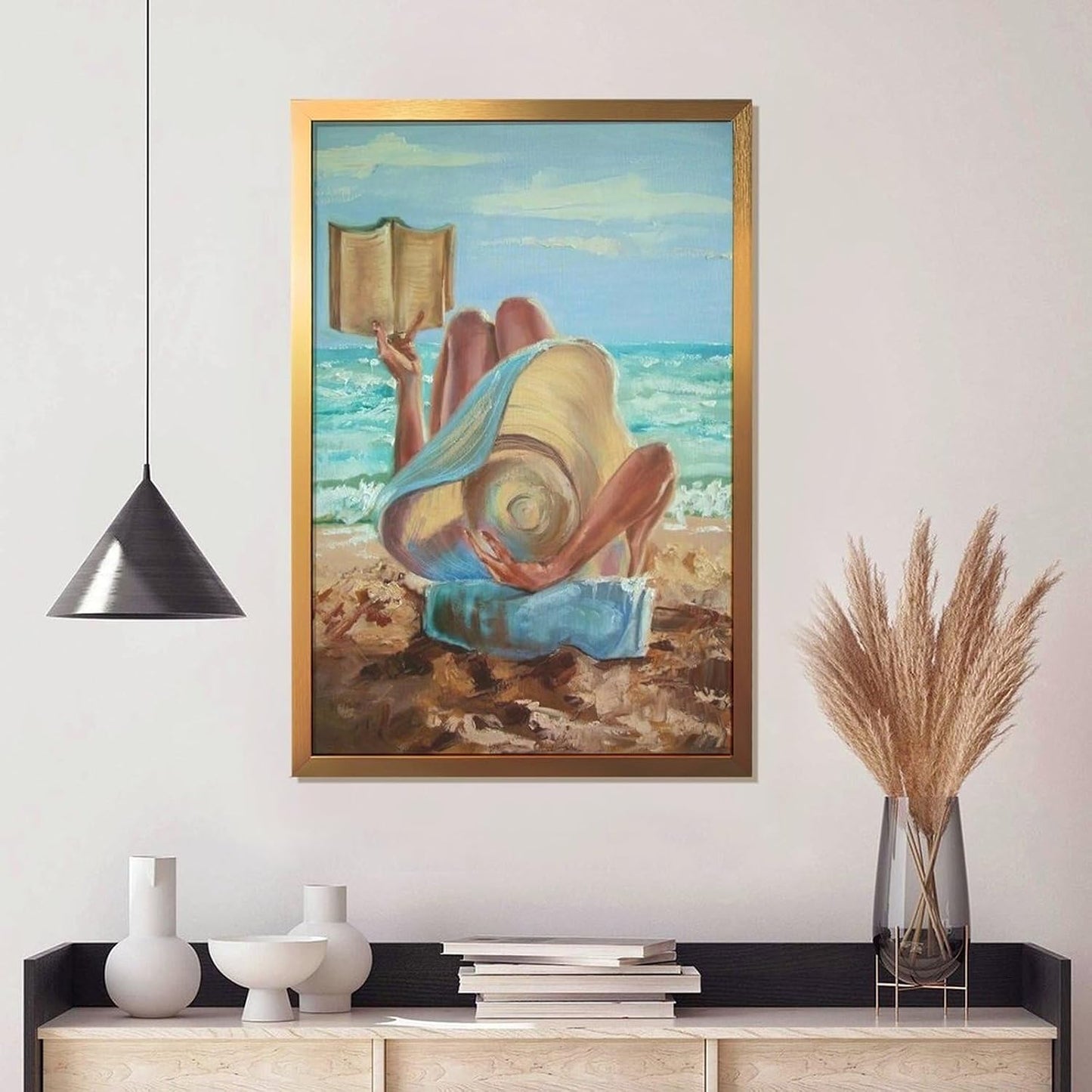 Rucatto Artistic Painting Poster of Woman Reading A Book on The Beach Wall Art Paintings Canvas Wall Decor Home Decor Living Room Decor Aesthetic 08x12inch(20x30cm) Golden-style