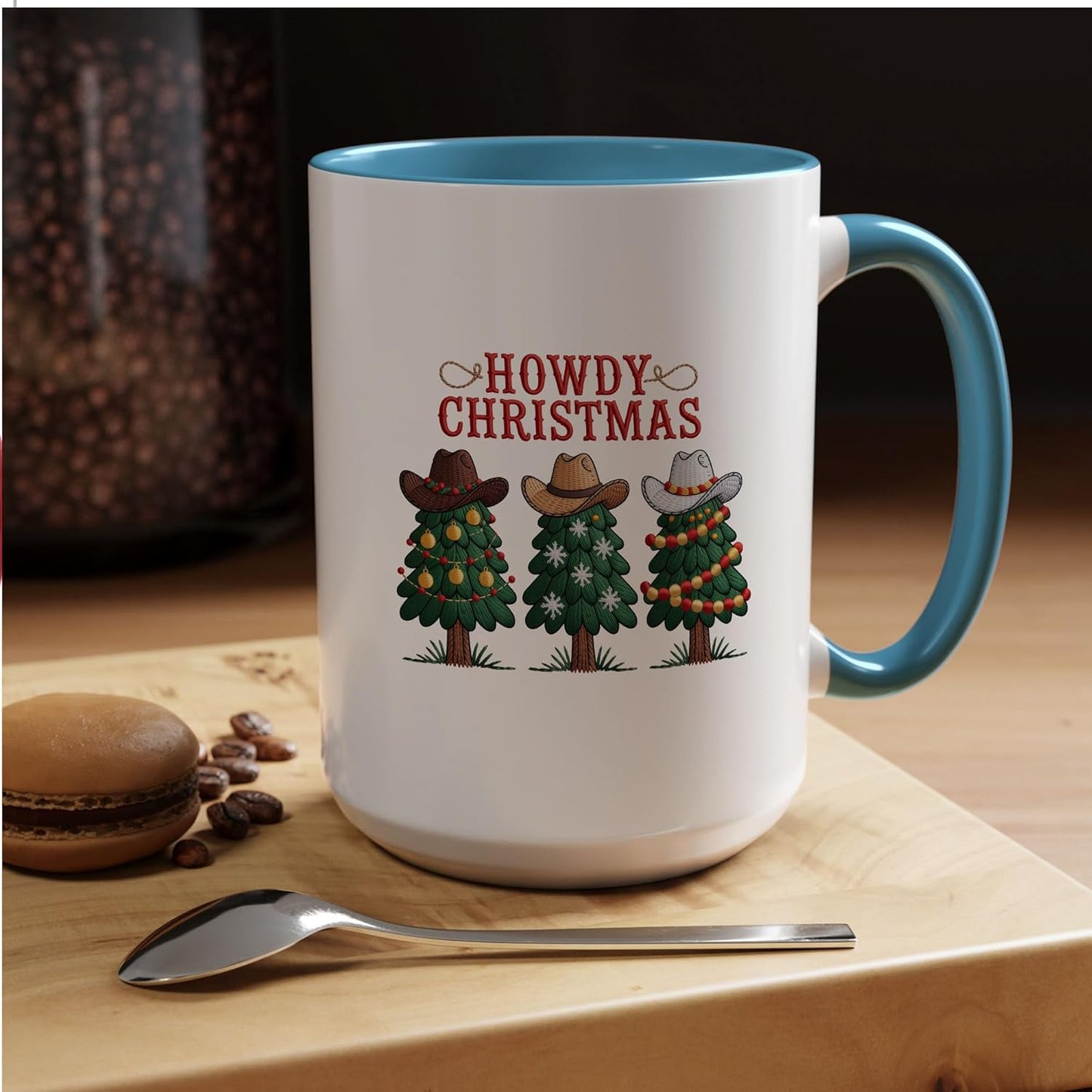 Howdy Christmas Tree Wearing Cowboy Hat Funny Two-Tone Accent Mugs, 11oz 15oz Drinking Cups, Kitchen Décor, Gifts For Book Lovers