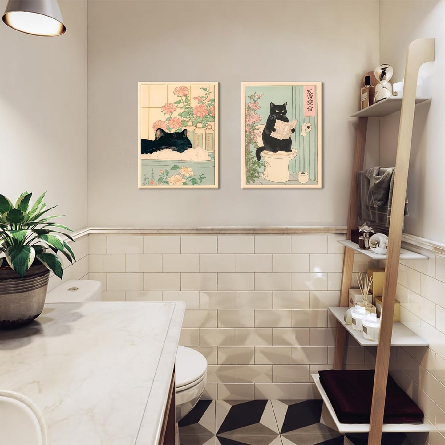 Funny Bathroom Wall Art Set of 3, Japanese Cute Black Cat Wall Decor Paintings, Rustic Animal Pictures Canvas Prints Home Decor for Bathroom Toilet, 12x16 inch Framed