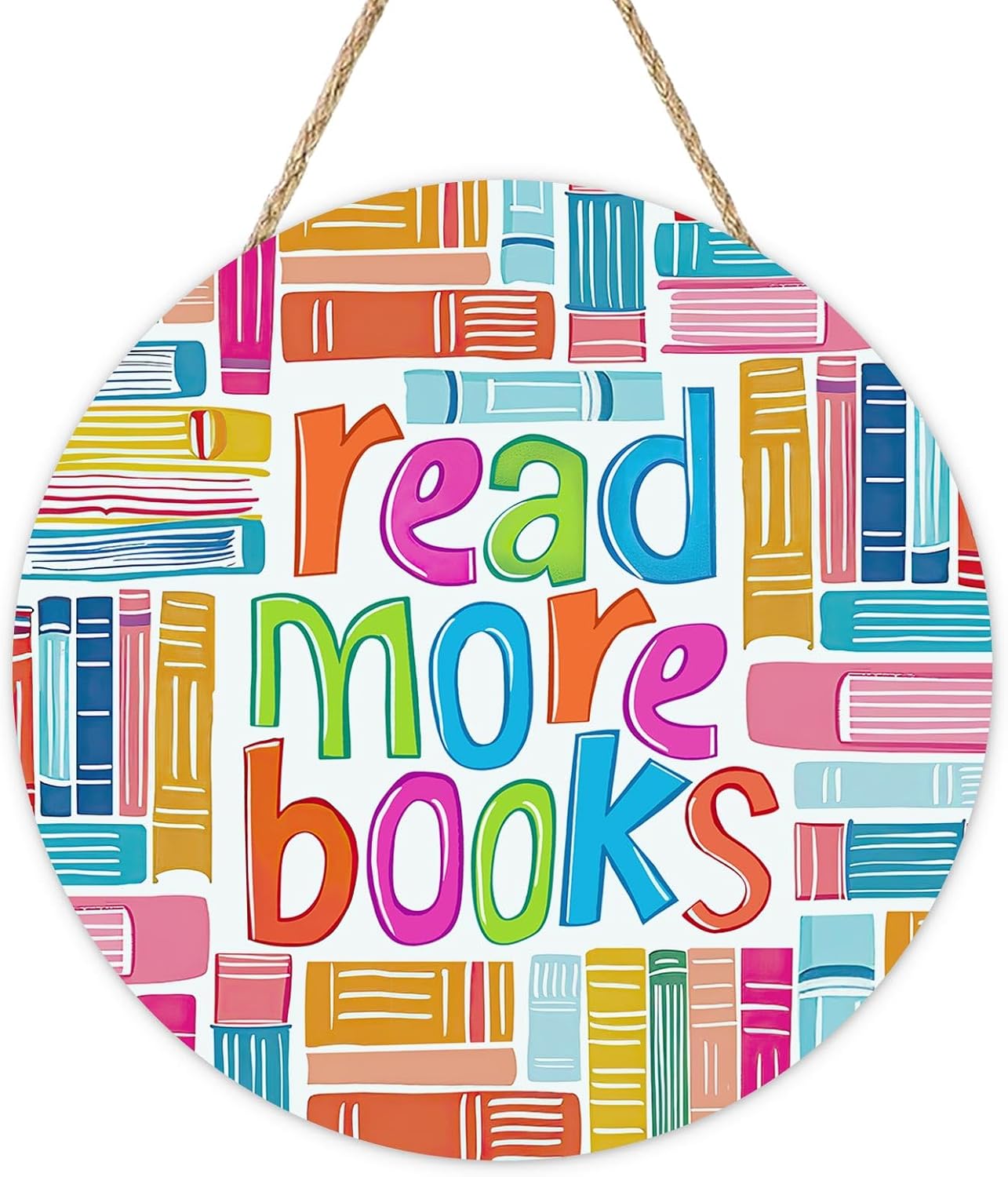 Reading Corner Read More Books Front Door Sign, Inspirational Library Wood Plaque Hanger School Classroom Study Decor, Wooden Wreath Wall Hanging Decoration Bookish Reader Book Lover Gift