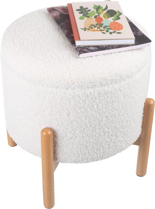 Round Sherpa Storage Ottoman Pouf with Removable Lid – Plush Couch Footrest & Hidden Organizer for Small Spaces, Dorm or Living Room by Lavish Home (White)