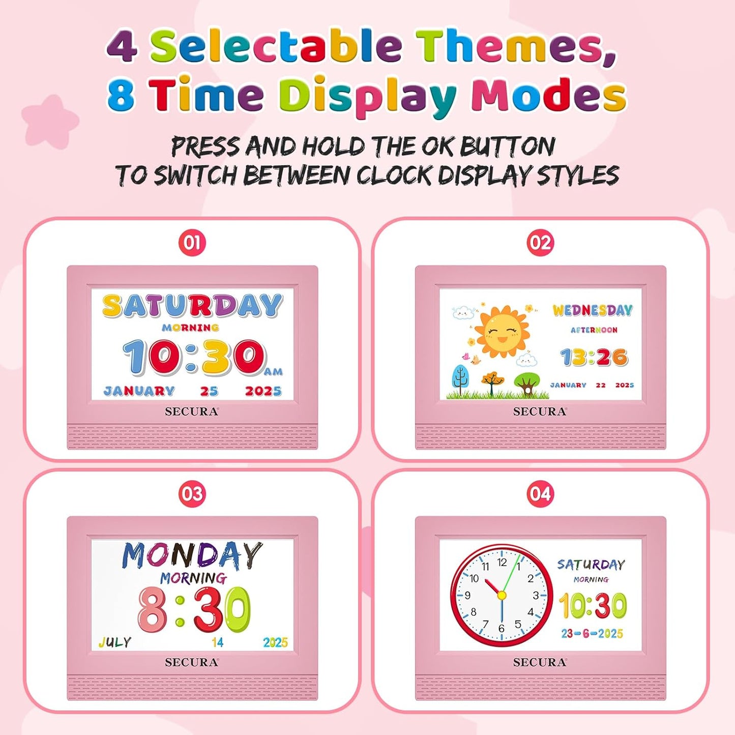 Secura TimeTact Reminder for Kids, 7" LED Talking Alarm Clock with Countdown Visual Timer, 17 Daily Reminders & 5 Custom Alarms Habit Reminder and Scheduler (Pink)