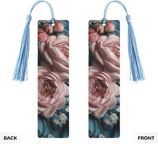 Luxurious Fabrics Bookmarks Gifts for Women Men, Wooden Bookmarks for Book Lovers, Vintage Book Marks Ornaments with Tassel, Unique Personalized Reading Page Markers Sky Blue