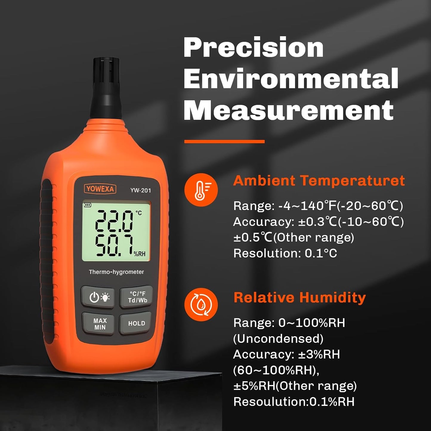 YW-201 Temperature Humidity Meter Digital Psychrometer, Thermometer Hygrometer with Dew Point & Wet Bulb, Max/Min, Data Hold, LCD Backlight
