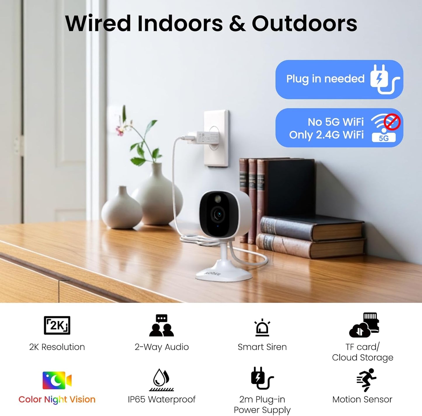 2K Cameras for Home Security-Outdoor/Indoor Camera for Dog/Cat/Pet/Nanny/Baby/Elderly, Color Night Vision, White Light, Siren, 24/7 SD Recordings, Works with Alexa, Plug in (C1-White-2pack-2.4G)