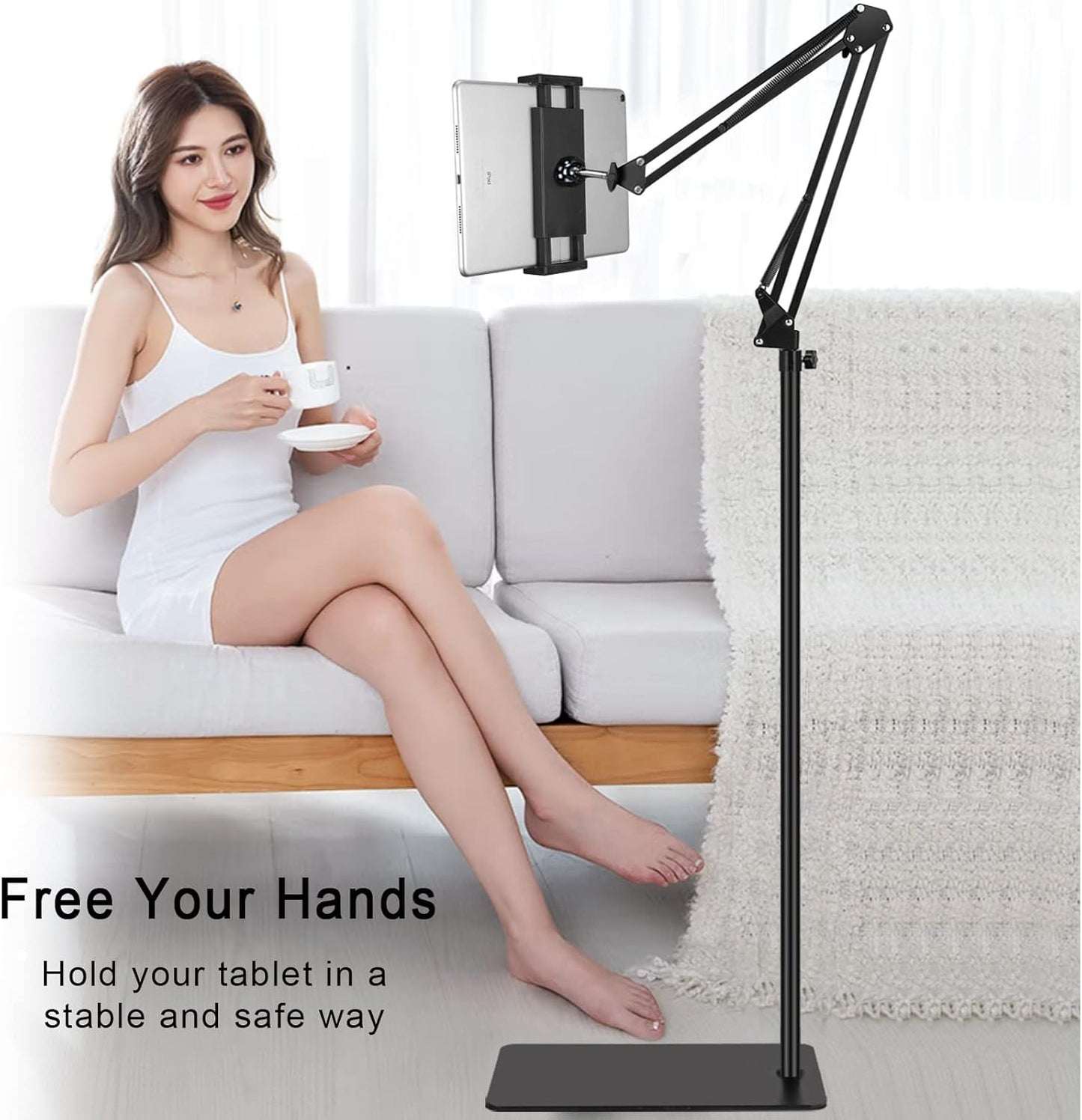 Tablet Floor Stand with Double Weight Base,Overhead Bed Phone Stand Height Adjustable/ Arm Stretchable Tablet Holder, Compatible with 4.5''-13'' iPhone, iPad, Galaxy Tab, Kindle, or Other Phones