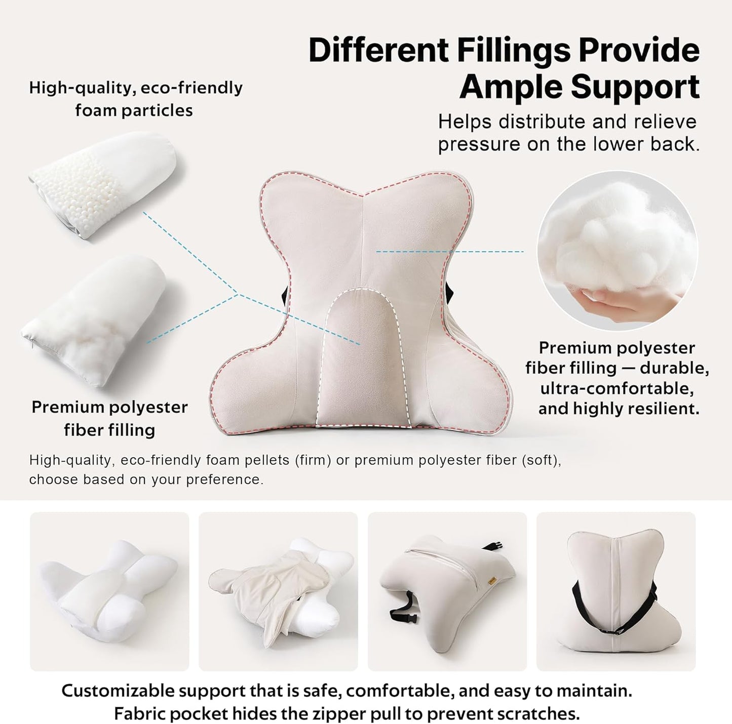 Lumbar Support Pillow(Pat. Pend) – Multi-Functional Ergonomic Back Cushion for Sofa Chair, Car Seat & Sofa, Reading Pillow with Firm Multi-Zone Support to Relieve Lower Back Pain, Misty White