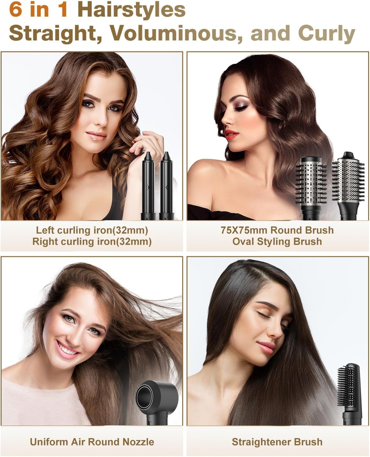 7MAGIC 6 in 1 Multi Hair Styler Dryer Brush, 110,000 RPM High-Speed, Negative Ionic, Fast Drying for Professional Blow Dry, Curling, Volumizing, Straightening and Styling, Silver