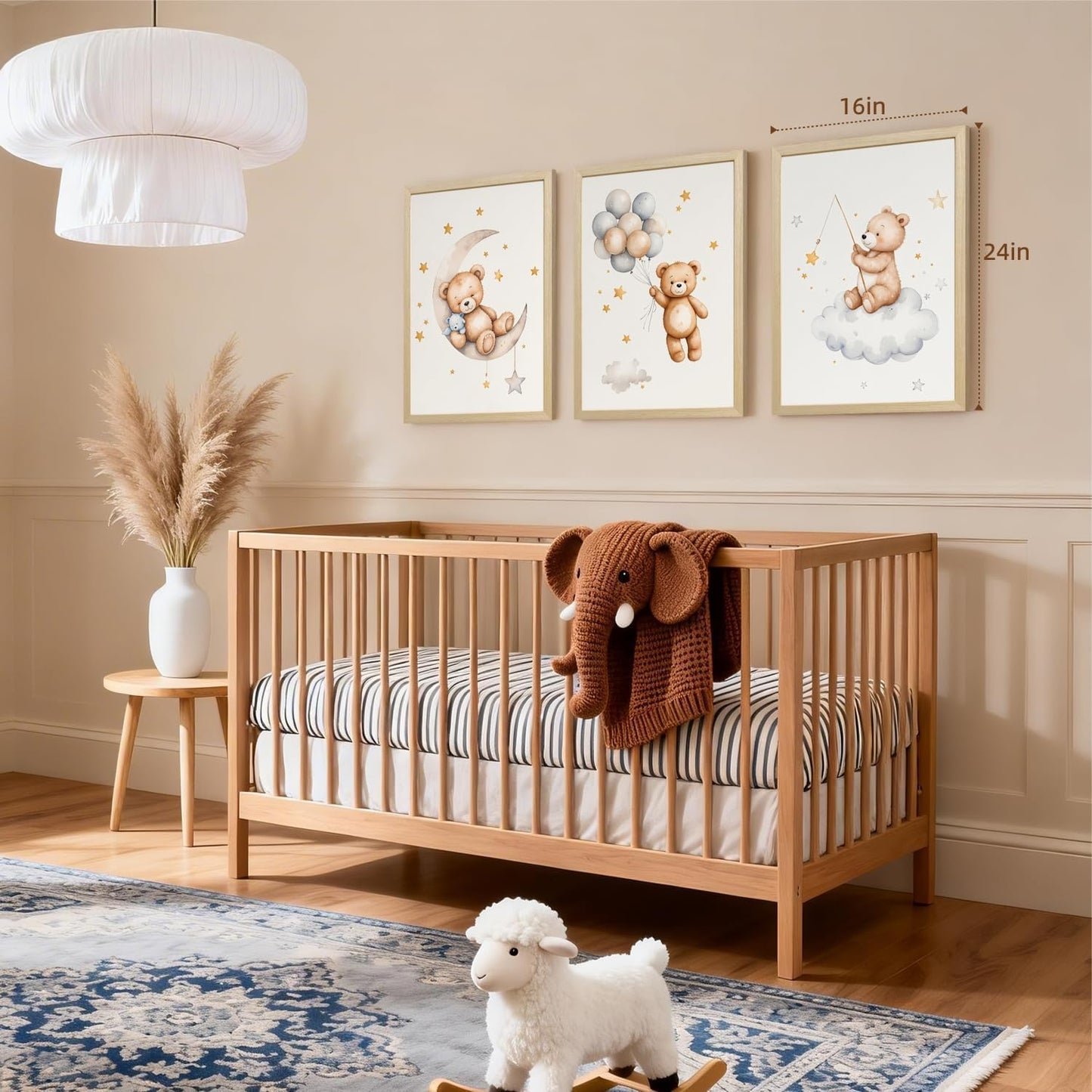 EisEver Baby Nursery Wall Art Set of 3, Bear Moon Cloud Balloon Nursery Decor, Cute Teddy Bear Boys Girls Room Art Prints, Neutral Beige Kids Room Artwork for Bedroom Playroom Wood Framed 16x24 inch