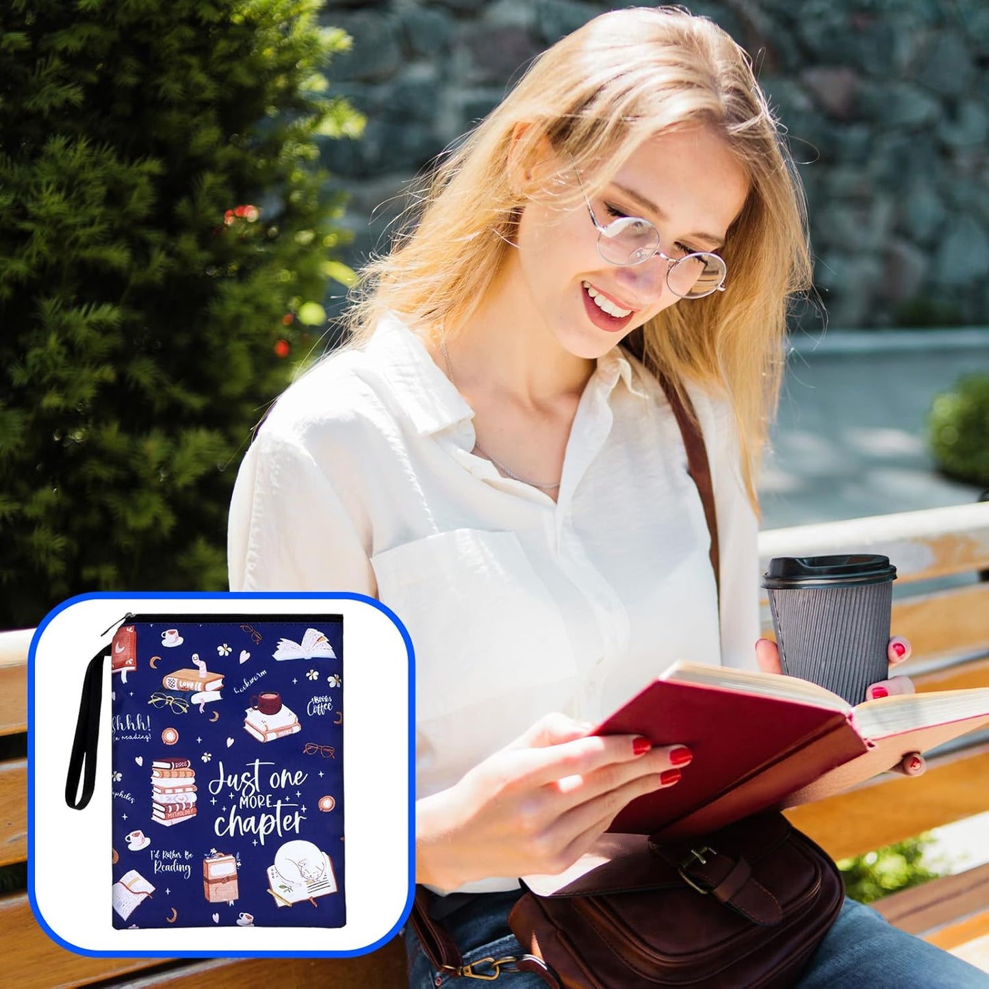 Waterproof Book Sleeve, Just One More Chapter Book Covers with Zipper and Front Pocket Washable Books Protector for Readers Lovers Gifts Books Accessories for Travel Vacation