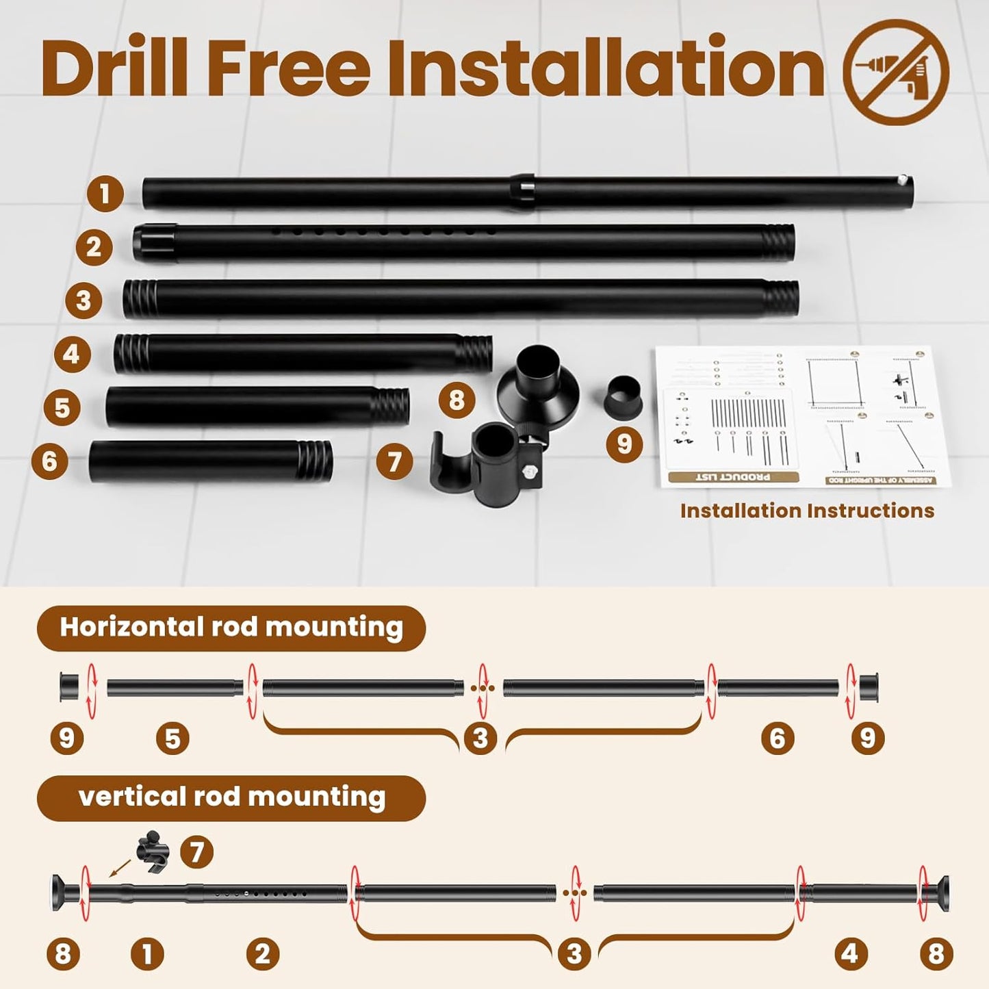 Room Divider Tension Rod No Drilling, Adjustable 72-200" W x 43-120" H Room Divider Curtain Rod, Black