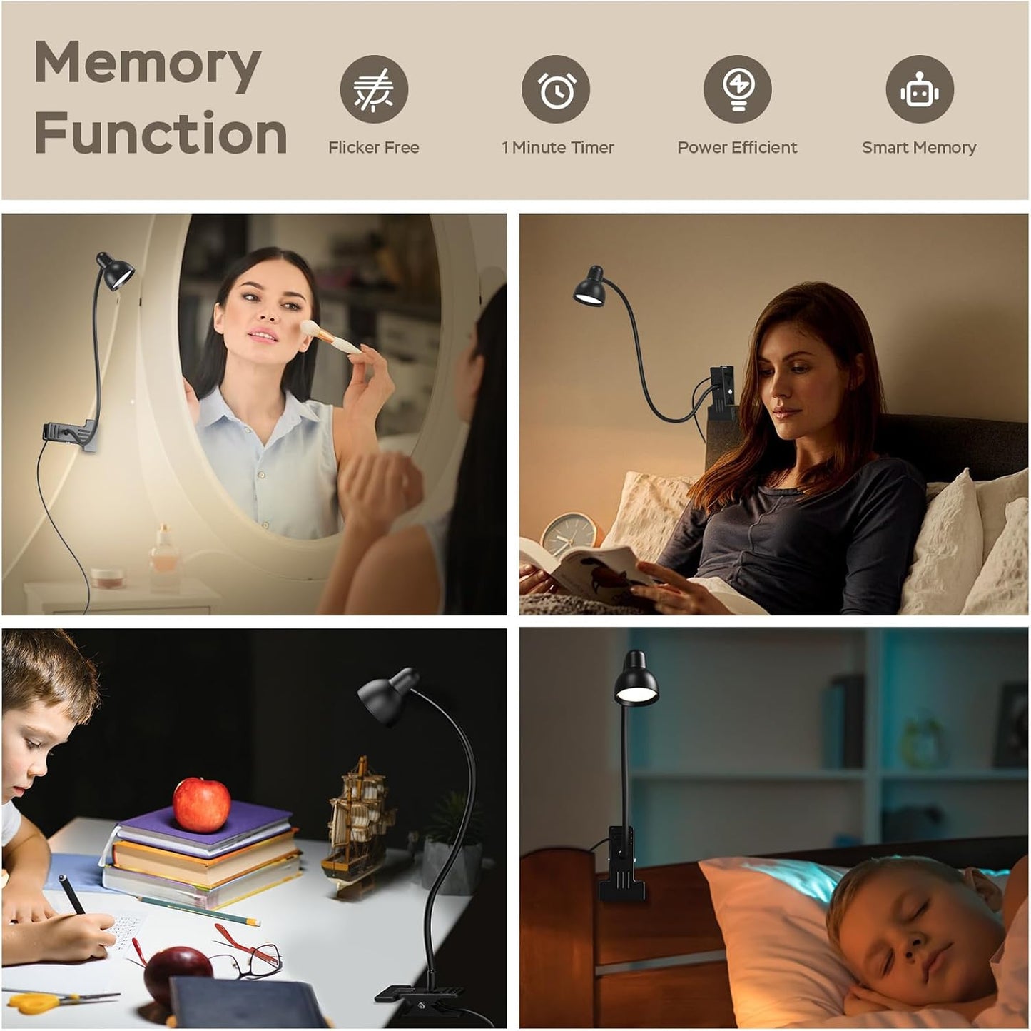 Clip-on Reading Light - 3 Color Modes, 10 Dimmable Brightness, Eye Care Clamp Desk Lamp with Flexible Gooseneck for Reading in Bed, Desk, Headboard, Computer