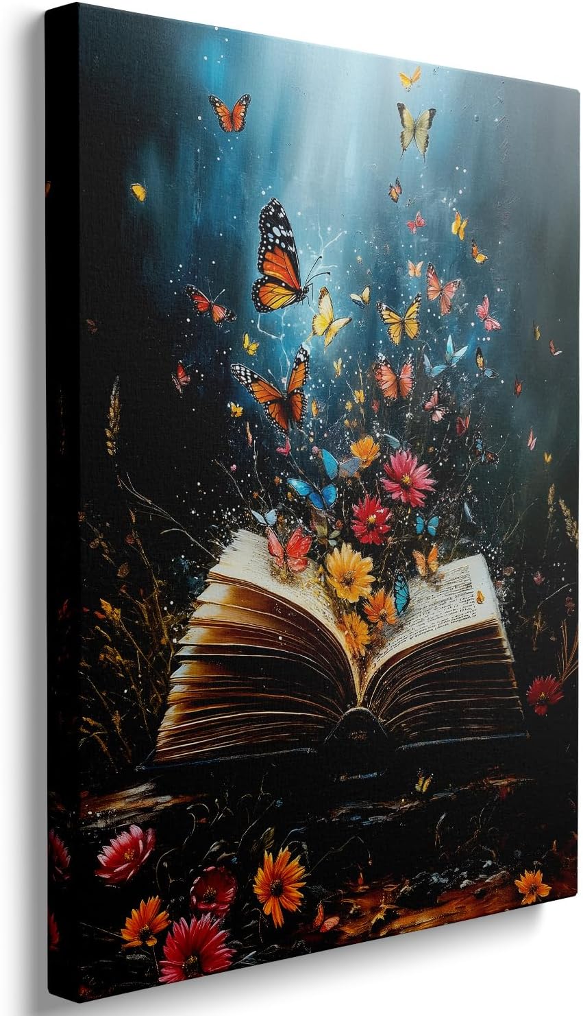 Ypxzzj Magical Book Canvas Wall Art Fantasy Butterfly and Flower Book Prints Home Decor Retro Butterflies Poster Pictrues Artwork for Reading Room Living Room Bedroom Ready to Hang(12''x16'')