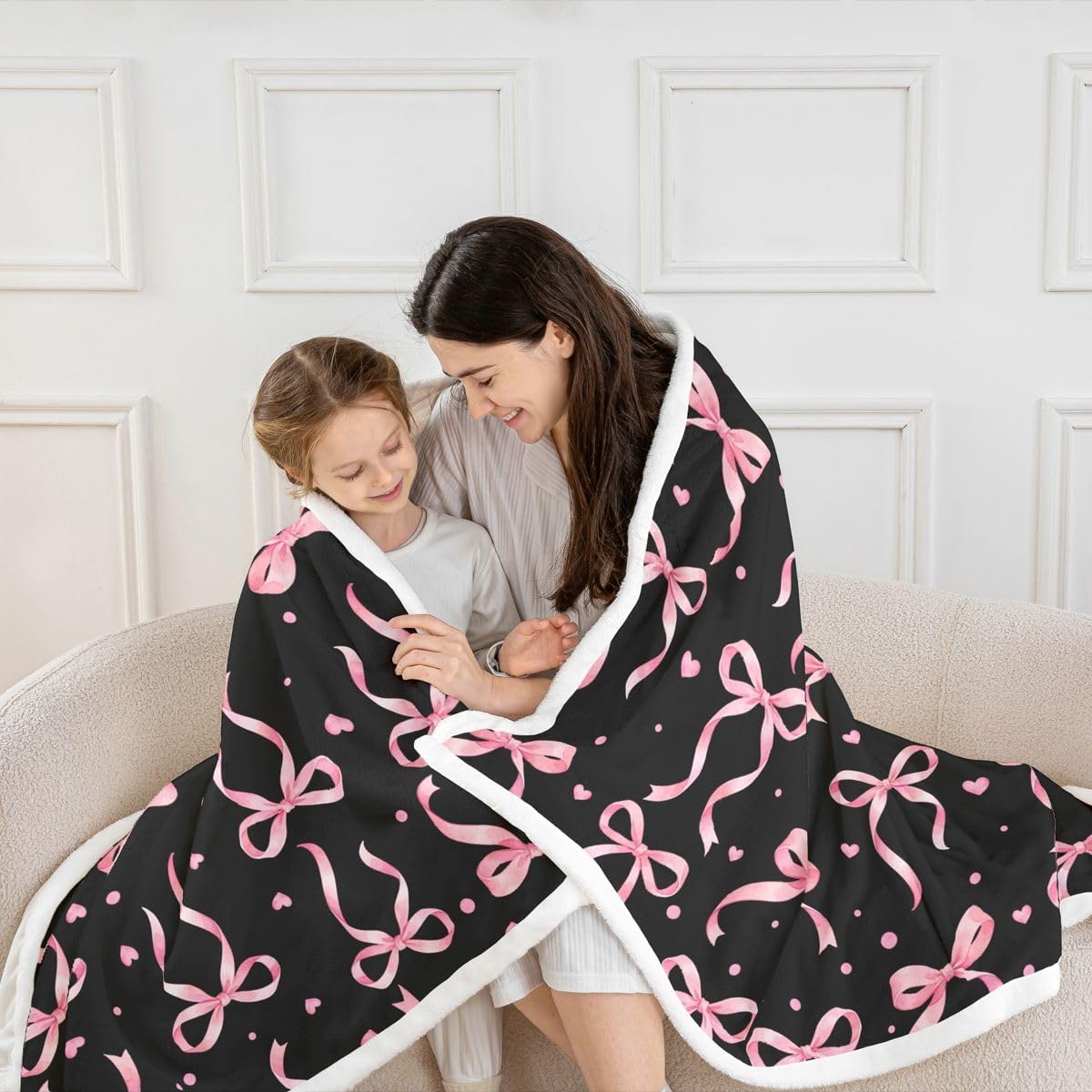 Feelyou Black Pink Bow Sherpa Throw Blanket for Couch Cute Bowknot Super Soft Cozy Fleece Kawaii Blanket for Winter, Plush Throw Heart Pattern Baby 30"x40" All Season