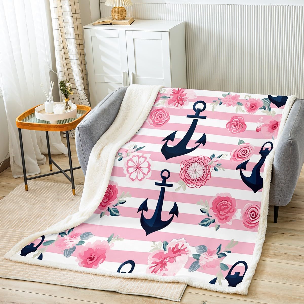 Erosebridal Anchor Throw Blanket Twin Nautical Themed Blanket,Girls Chic Pink Rose Sherpa Blanket Floral Flower Fleece Blanket Aesthetic Geometric Stripes Bed Blanket,Cozy