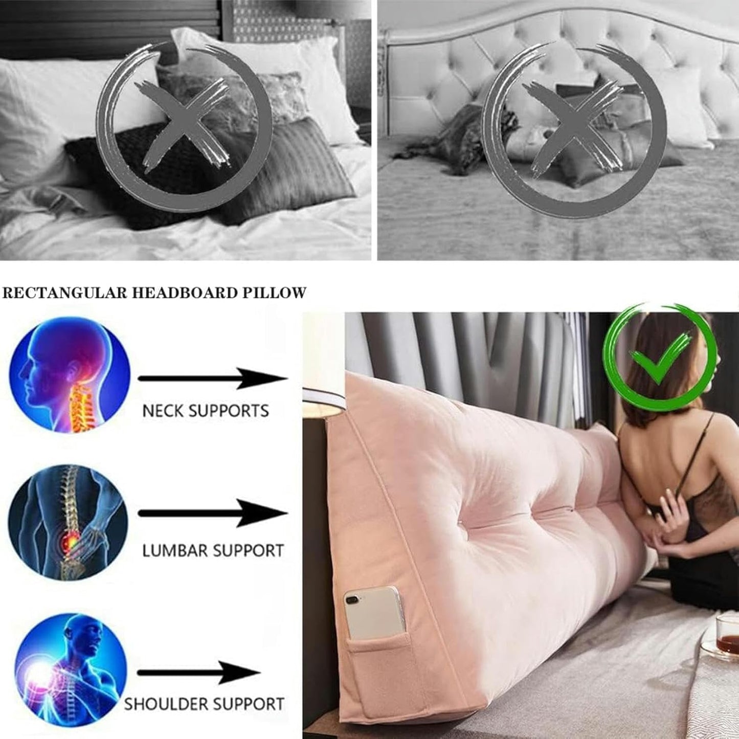 FLTRGO Soft Reading Bed Rest Pillow Large Bolster Cushion Velvet Headboard Backrest Triangular Wedge Pillow Neck & Lumbar Support for Dorm Room Daybed Full Size