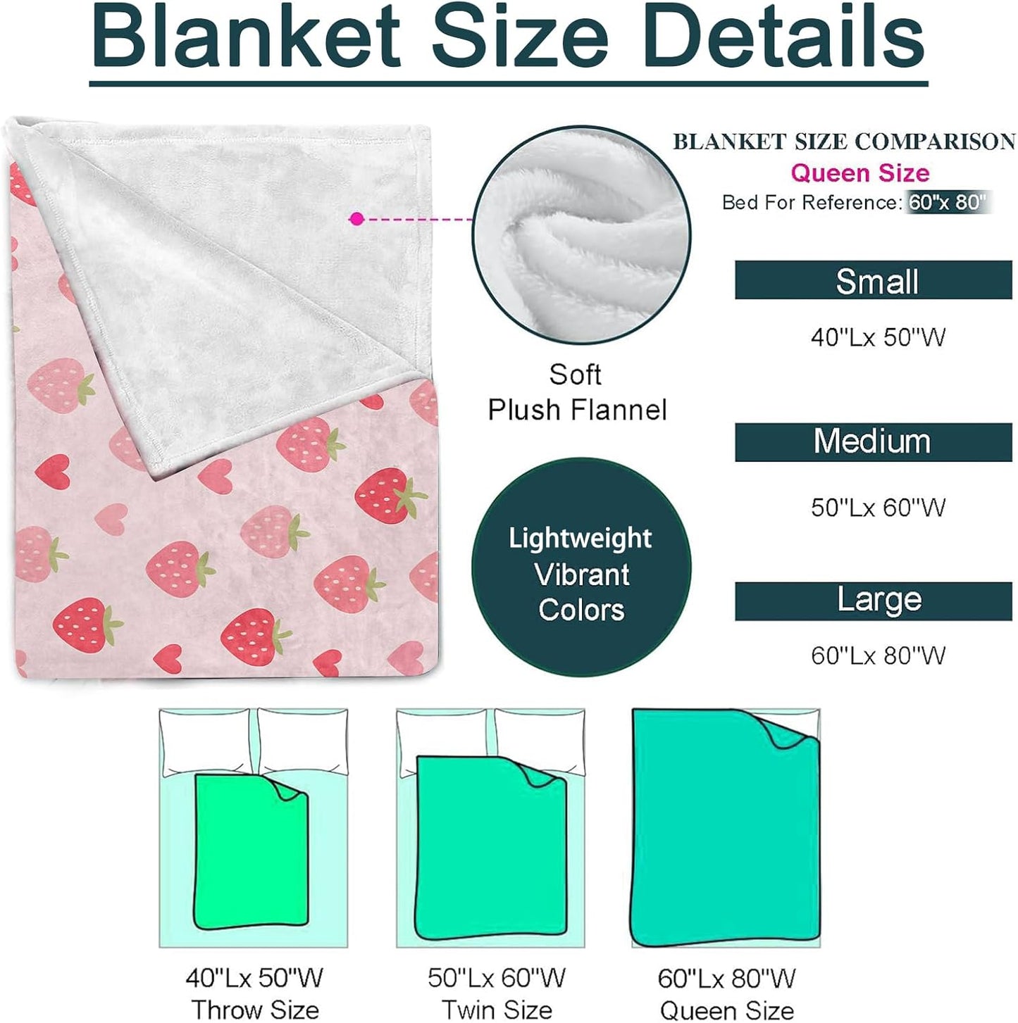 Cute Strawberry Blanket, Heart and Fruit Food Flannel Throw, Soft Cozy Lightweight Throws Blankets for Women Kids Girls, Cartoon Fresh Home Decor for Sofa Couch Bedroom Home, 60x50 Inch