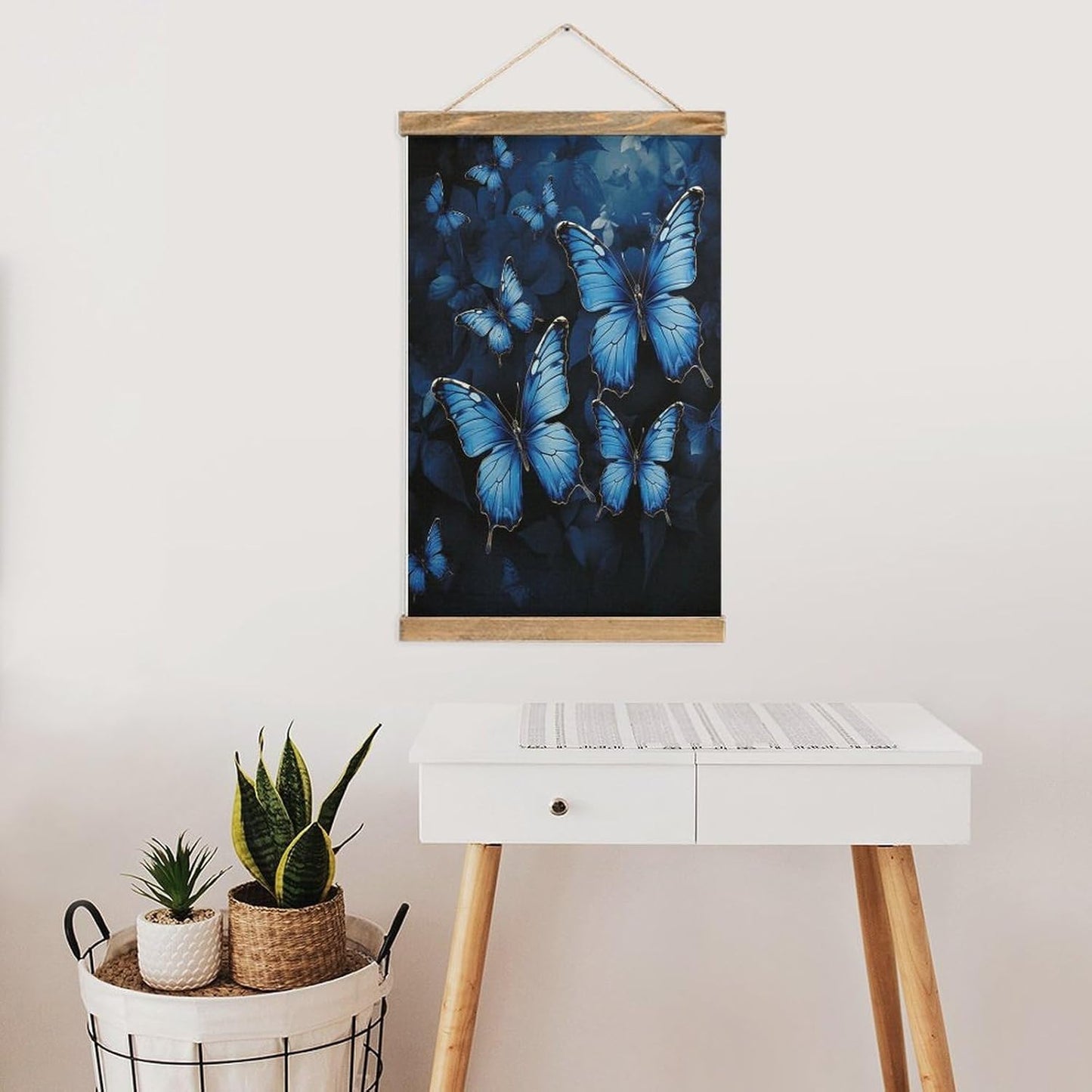 Vintage Dark Blue Butterflies Poster with Wooden Frame Personalized Linen Hanging Scroll Painting Rustic Wall Hanging Illustrative Modern Artwork Decor for Home Living Room Bedroom Office