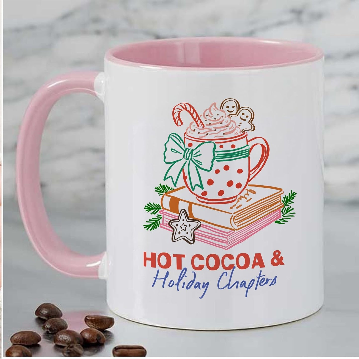 Christmas Hot Cocoa & Holiday Chapters Two-Tone Accent Mugs, 11oz 15oz Drinking Cups, Kitchen Décor, Gifts For Book Lovers