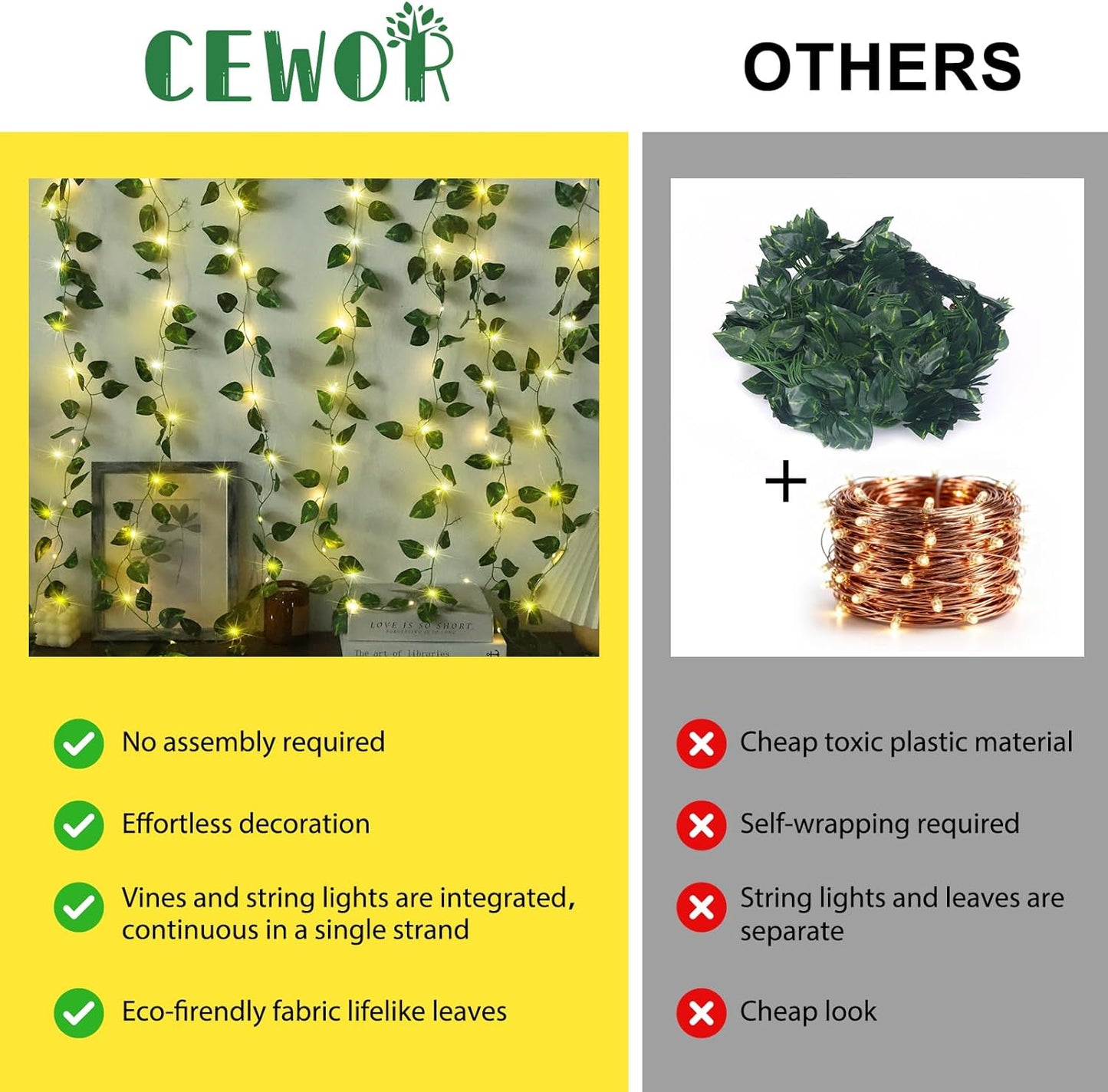 CEWOR Pothos Vine with Fairy Lights Battery Operated, 40ft 120 LED Ivy String Lights, Artificial Ivy Garland with Lights for Bedroom, Room, Wall, Garden, Party, Wedding Decor