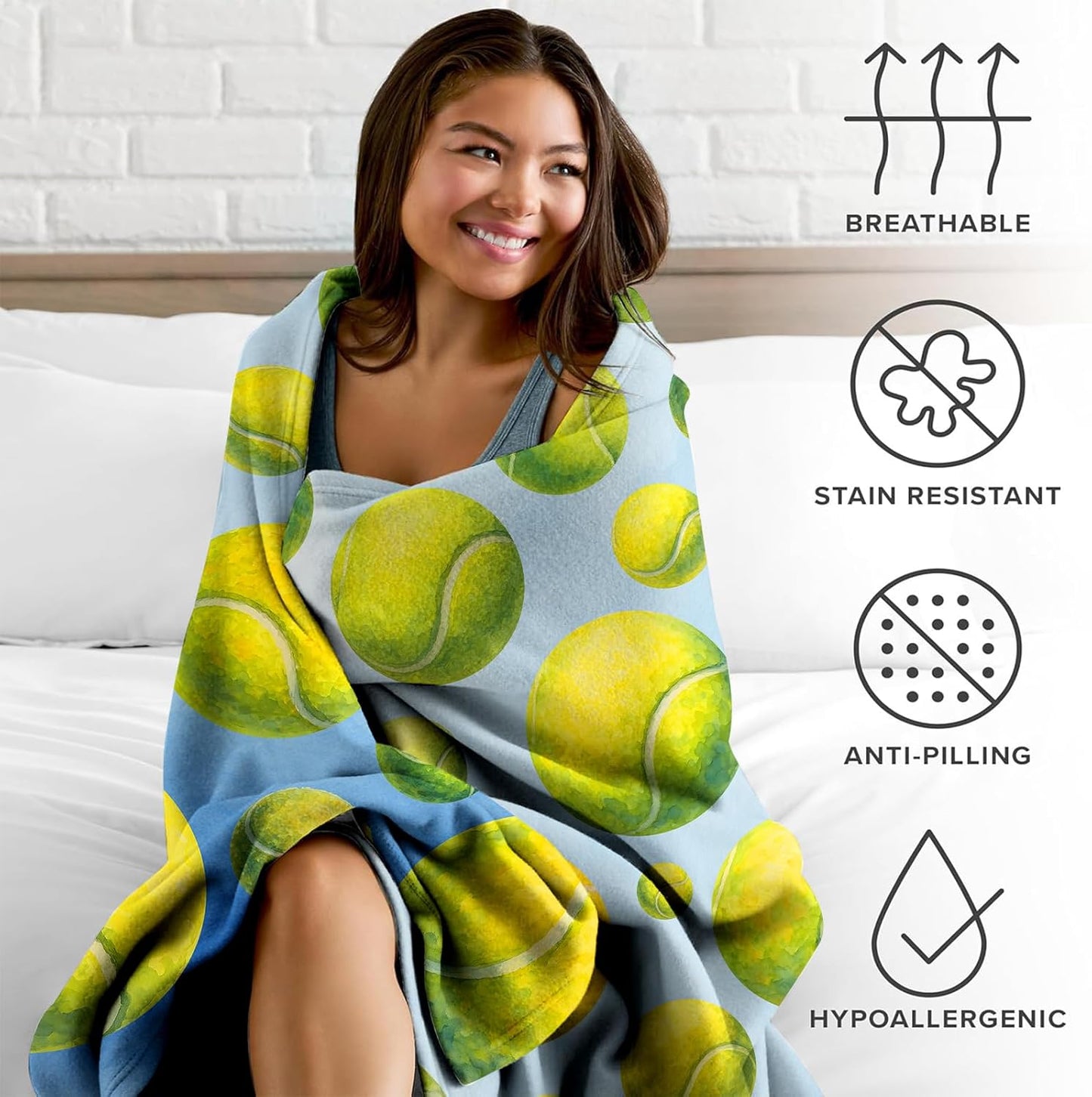 Tennis Ball Blanket Throw 50x60 Soft Flannel Fleece - Watercolor Blue Pattern Cozy Sofa Bed Dorm Decor - Gift for Player Coach, Senior Night Team Present for Women Men Girls